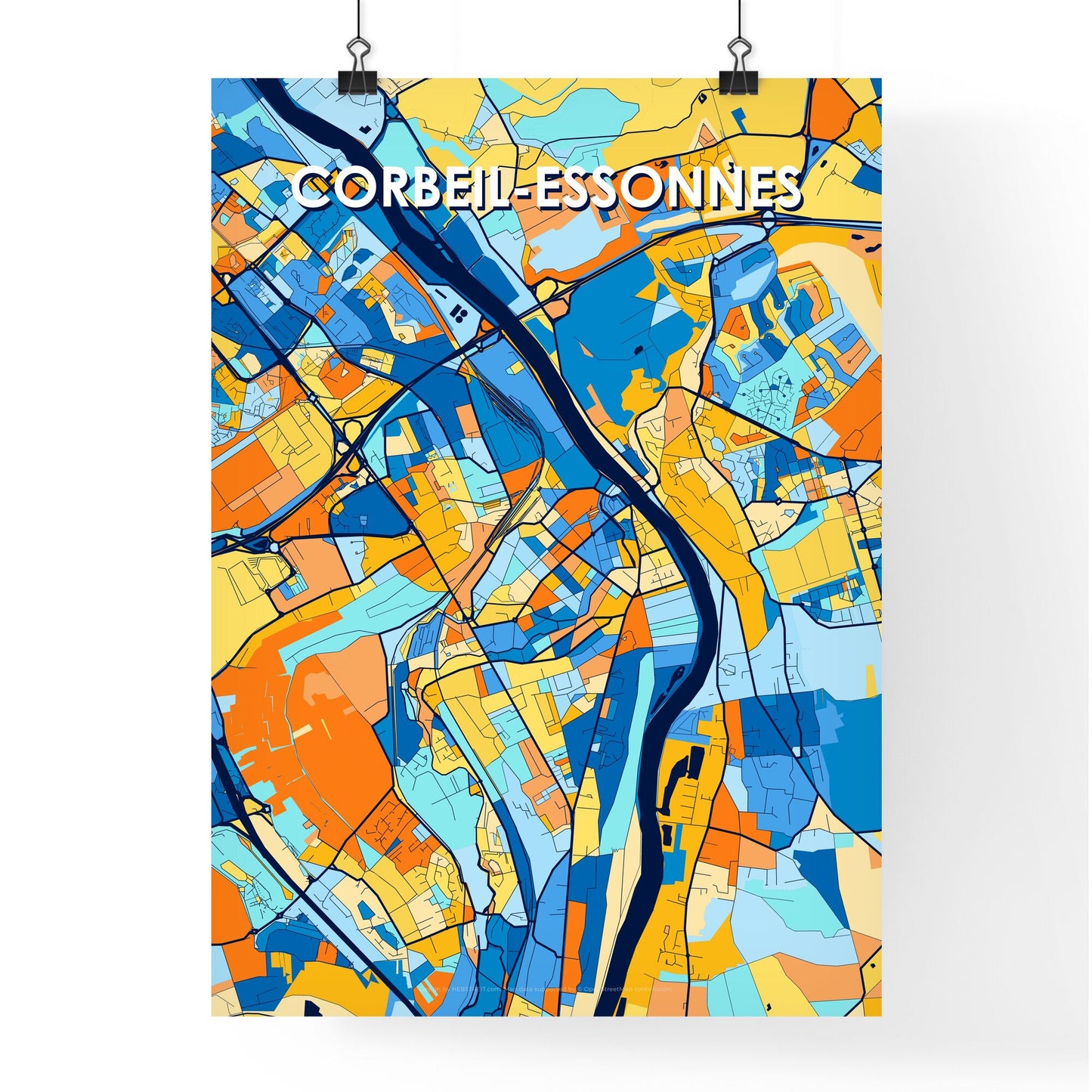 CORBEIL-ESSONNES FRANCE Vibrant Colorful Art Map Poster Blue Orange