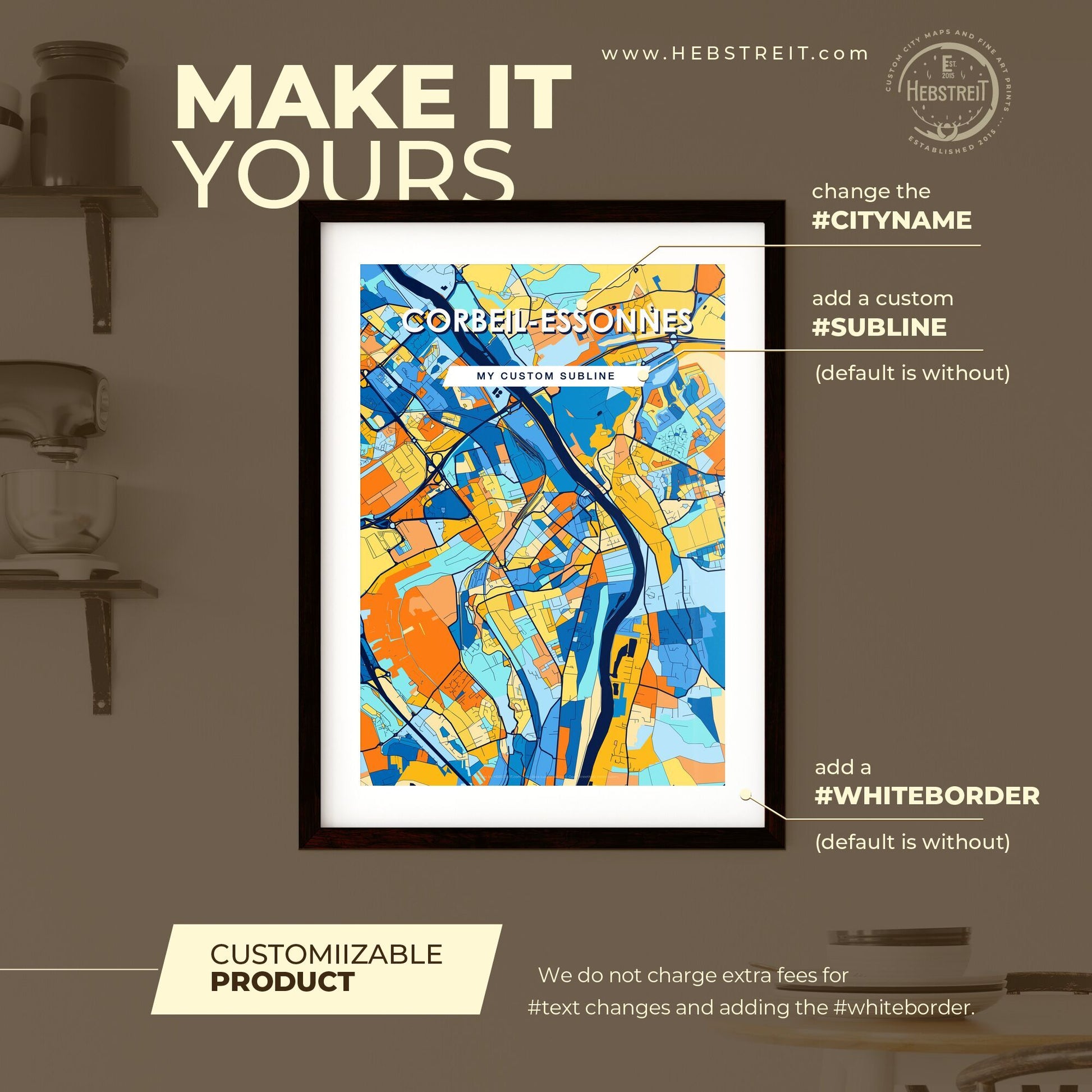 CORBEIL-ESSONNES FRANCE Vibrant Colorful Art Map Poster Blue Orange