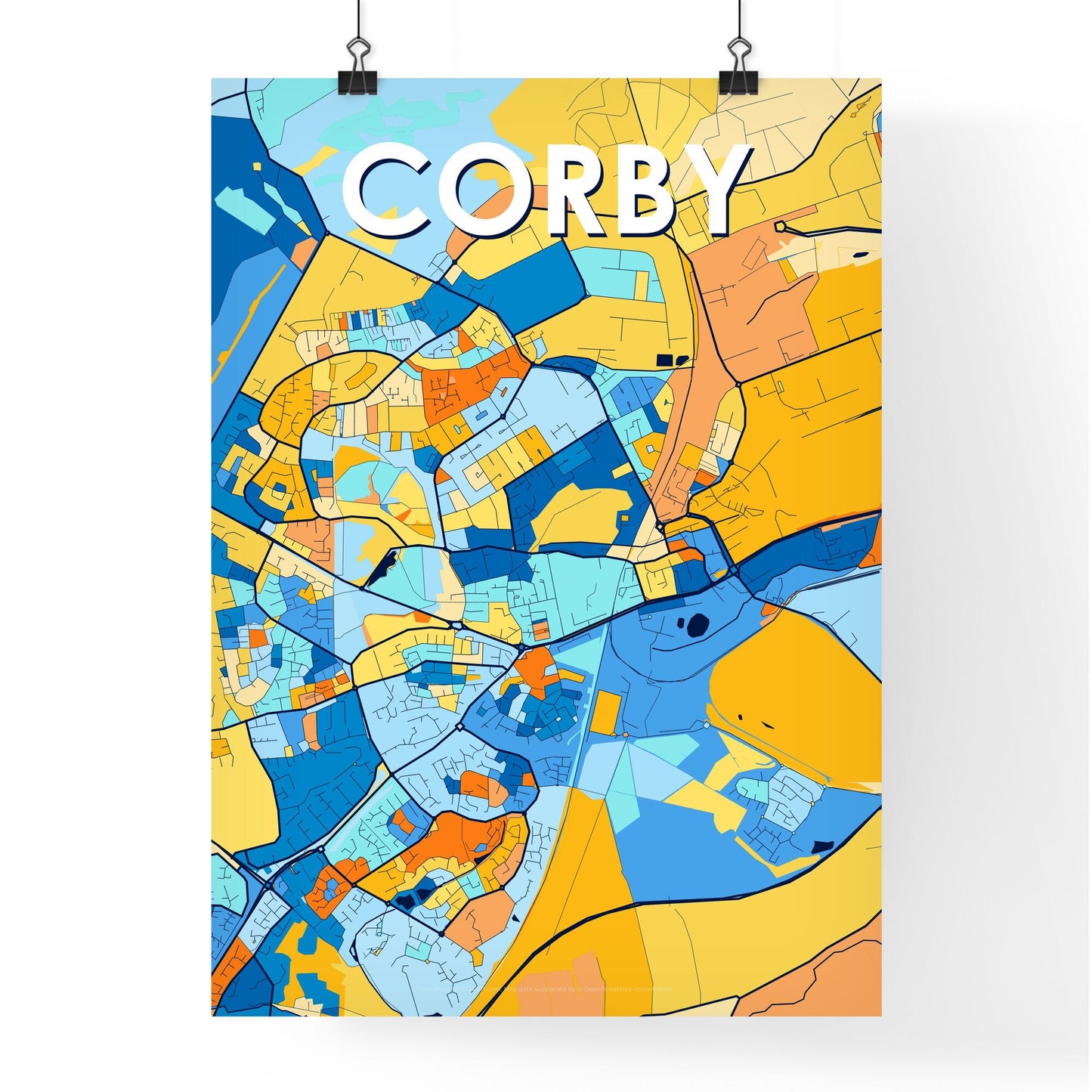 CORBY ENGLAND Vibrant Colorful Art Map Poster Blue Orange