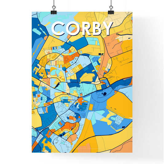 CORBY ENGLAND Vibrant Colorful Art Map Poster Blue Orange