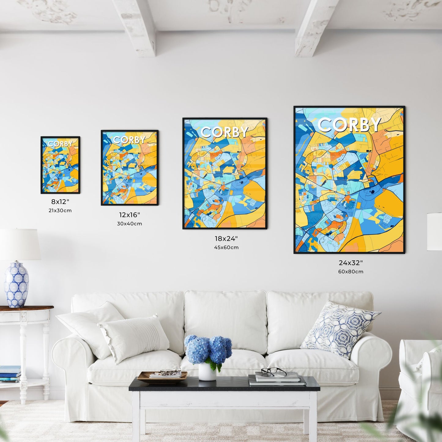 CORBY ENGLAND Vibrant Colorful Art Map Poster Blue Orange