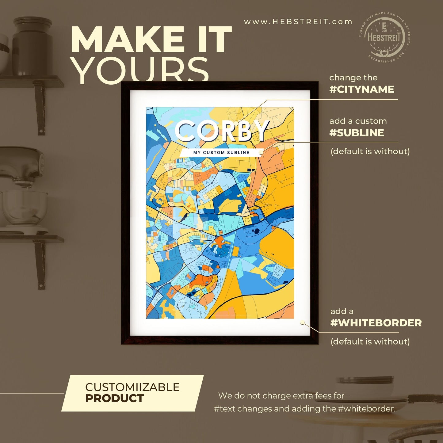 CORBY ENGLAND Vibrant Colorful Art Map Poster Blue Orange