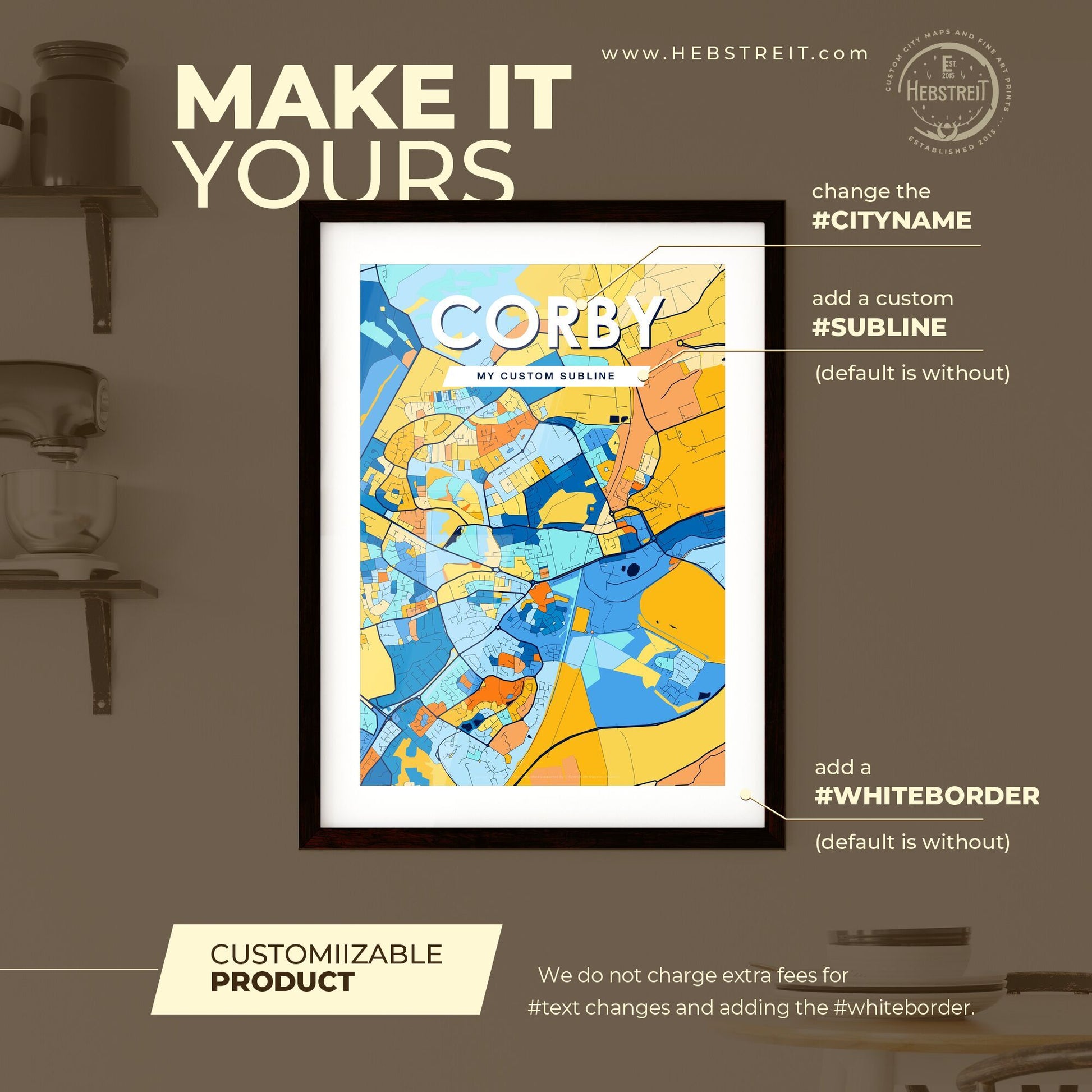 CORBY ENGLAND Vibrant Colorful Art Map Poster Blue Orange