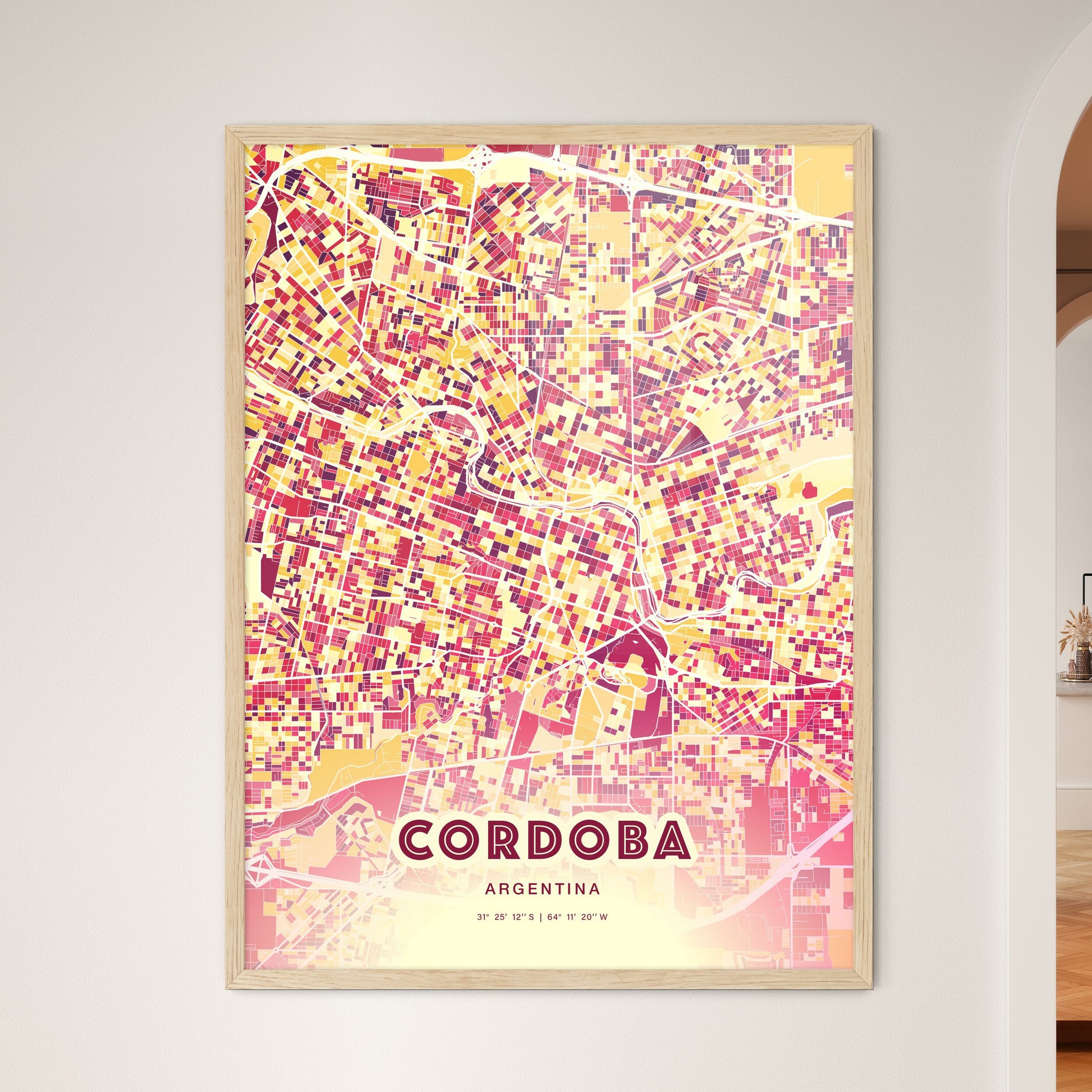 Colorful Cordoba Argentina Fine Art Map Hot Red