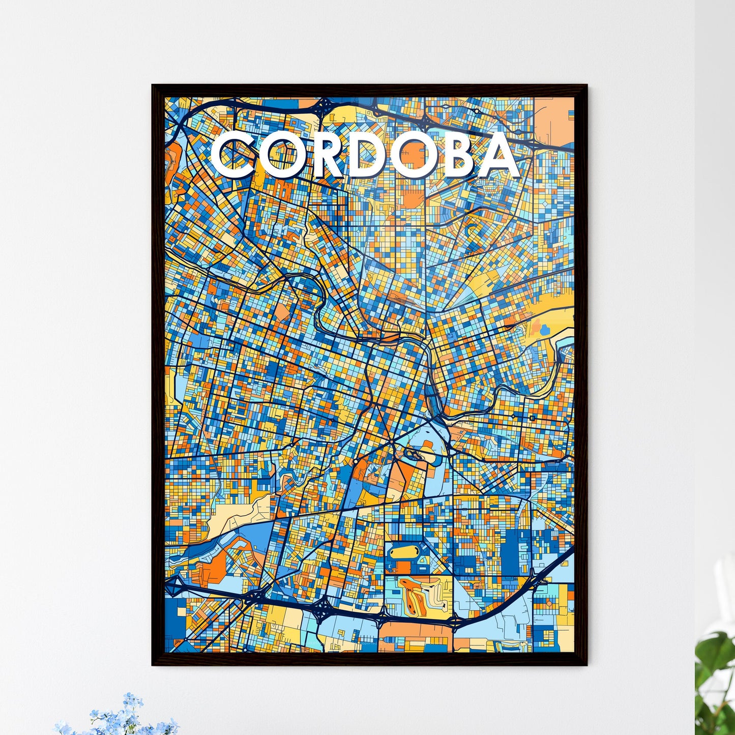 CORDOBA ARGENTINA Vibrant Colorful Art Map Poster Blue Orange