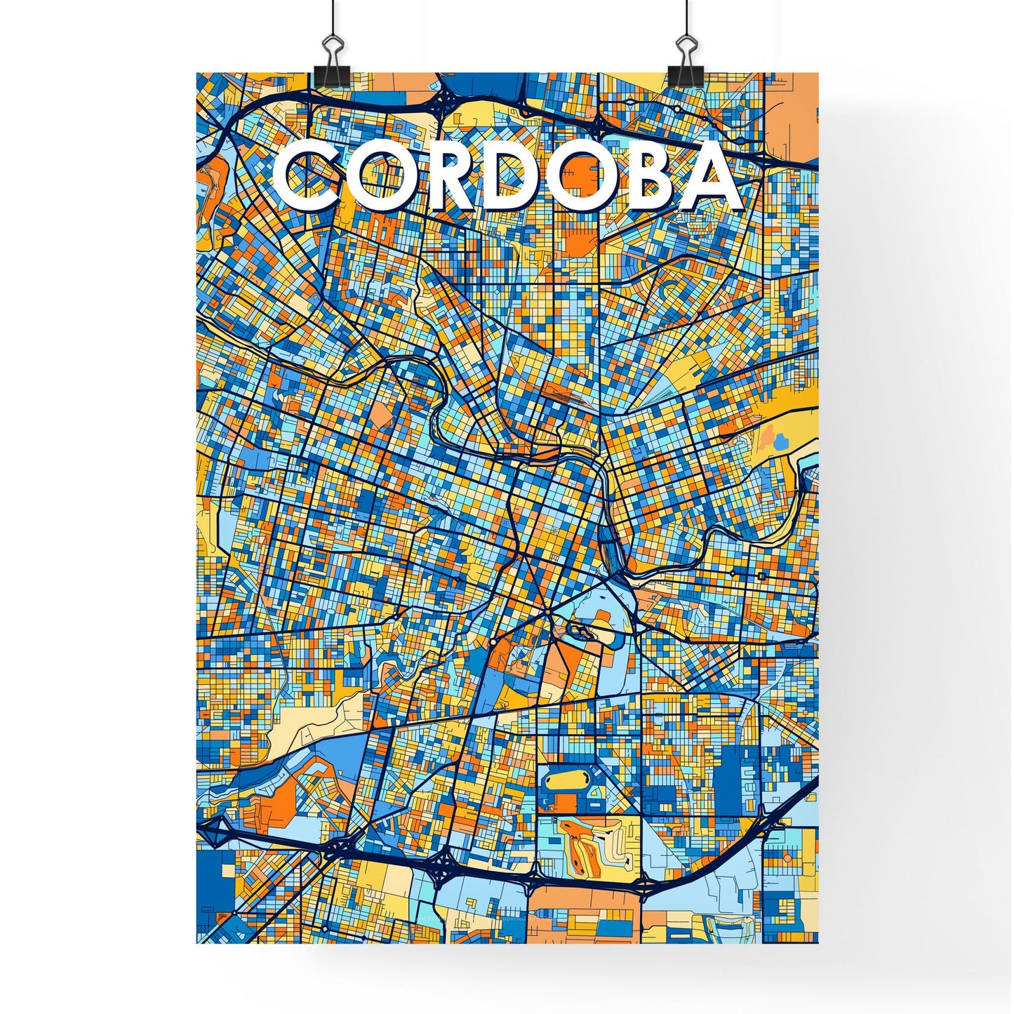 CORDOBA ARGENTINA Vibrant Colorful Art Map Poster Blue Orange