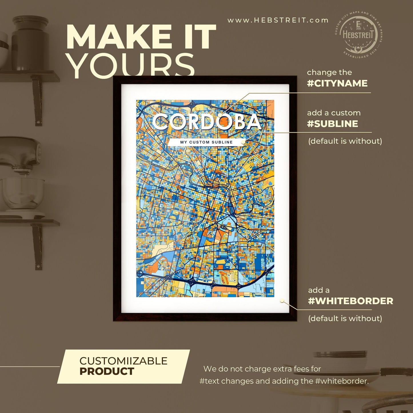 CORDOBA ARGENTINA Vibrant Colorful Art Map Poster Blue Orange