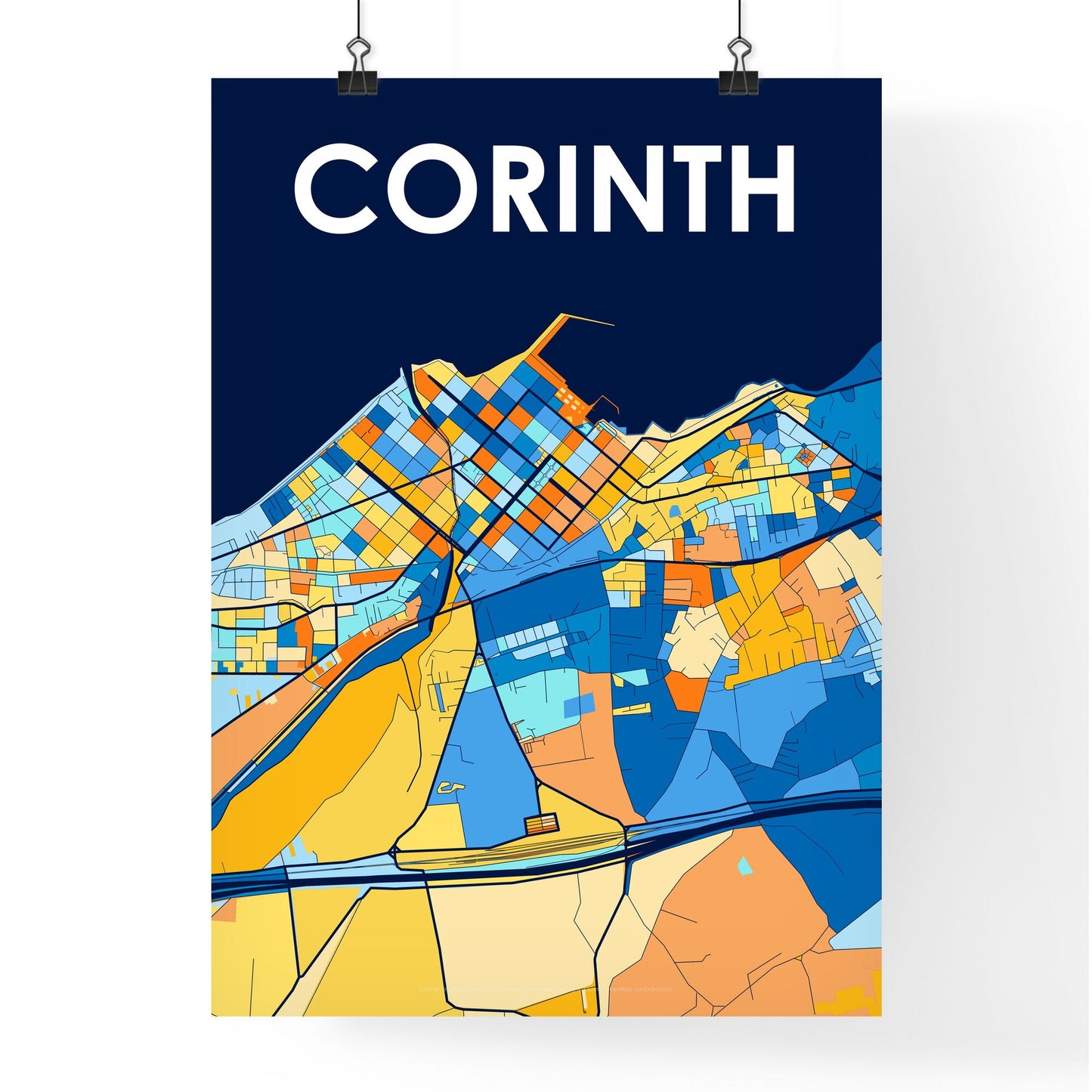 CORINTH GREECE Vibrant Colorful Art Map Poster Blue Orange