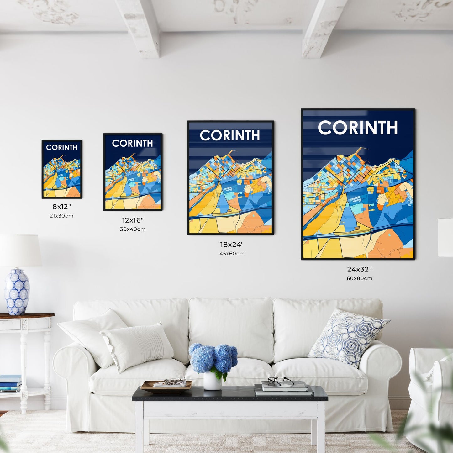 CORINTH GREECE Vibrant Colorful Art Map Poster Blue Orange