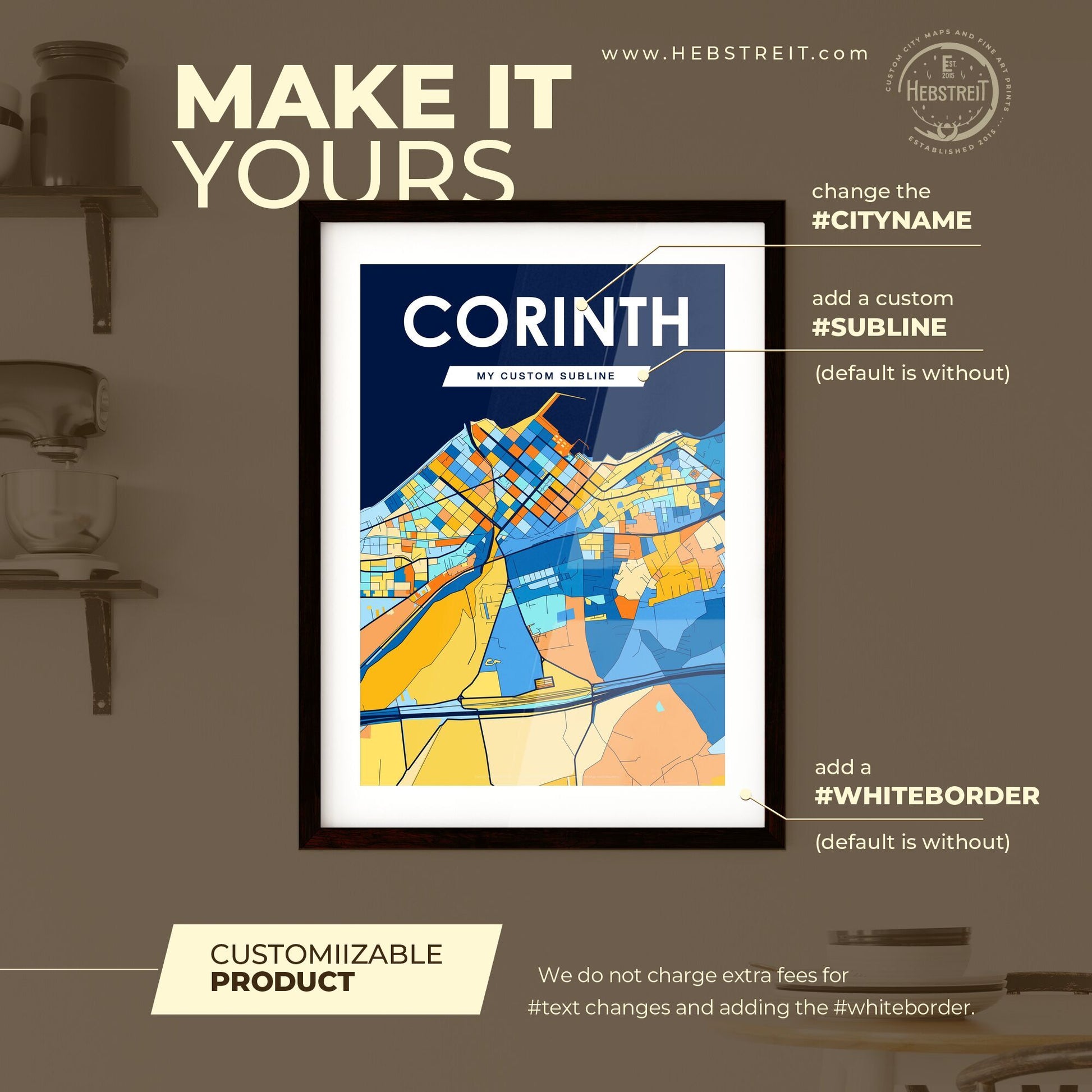 CORINTH GREECE Vibrant Colorful Art Map Poster Blue Orange