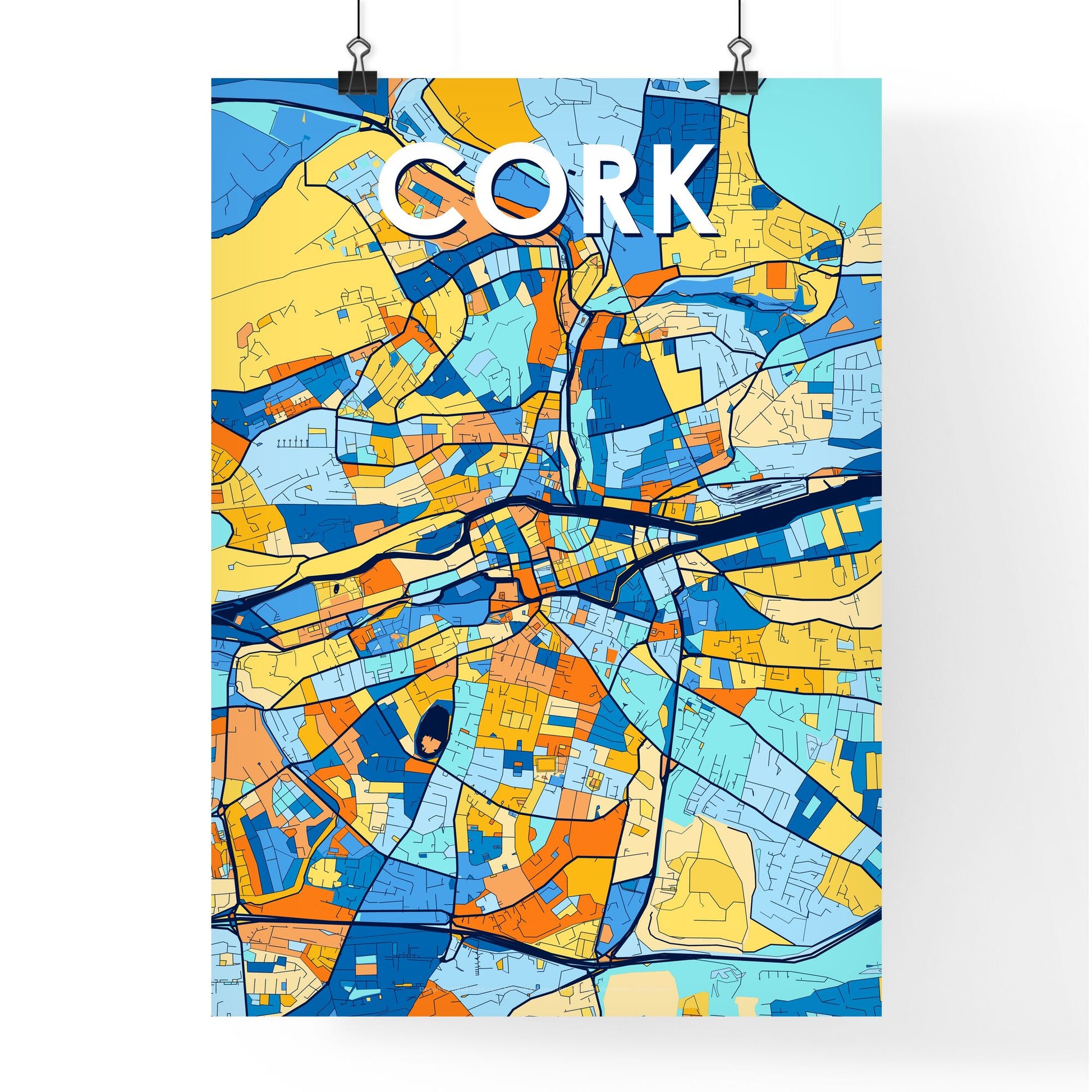 CORK IRELAND Vibrant Colorful Art Map Poster Blue Orange