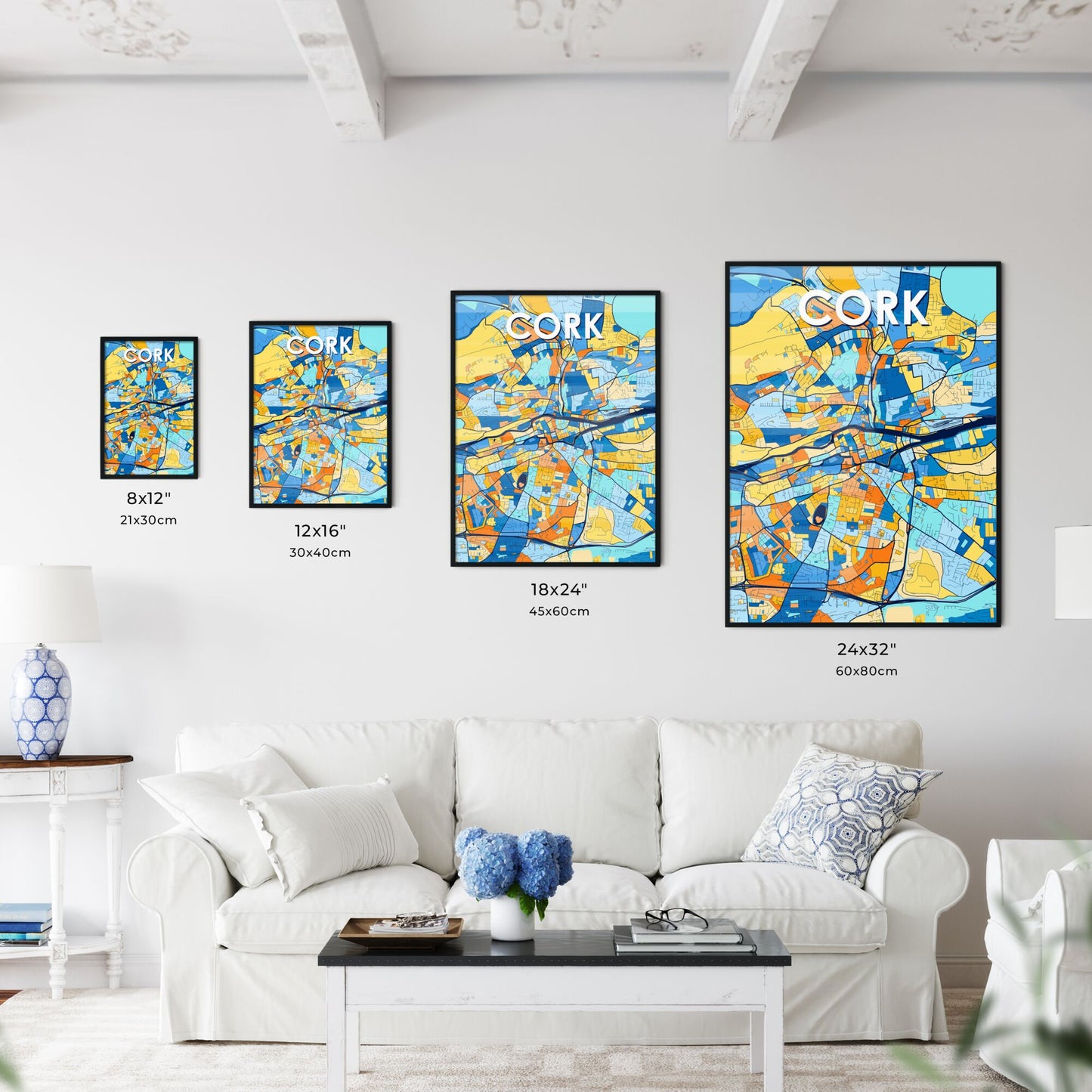 CORK IRELAND Vibrant Colorful Art Map Poster Blue Orange