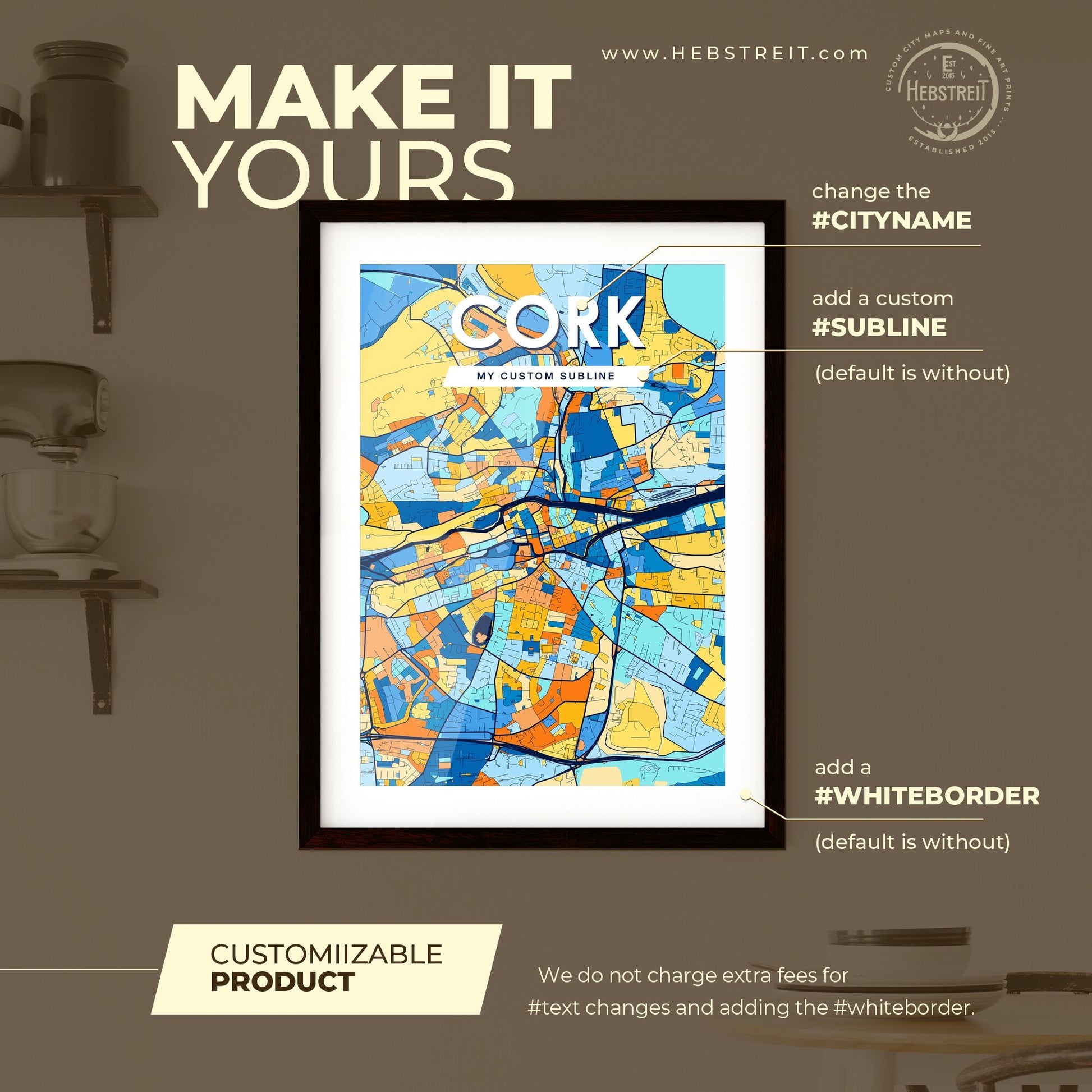 CORK IRELAND Vibrant Colorful Art Map Poster Blue Orange