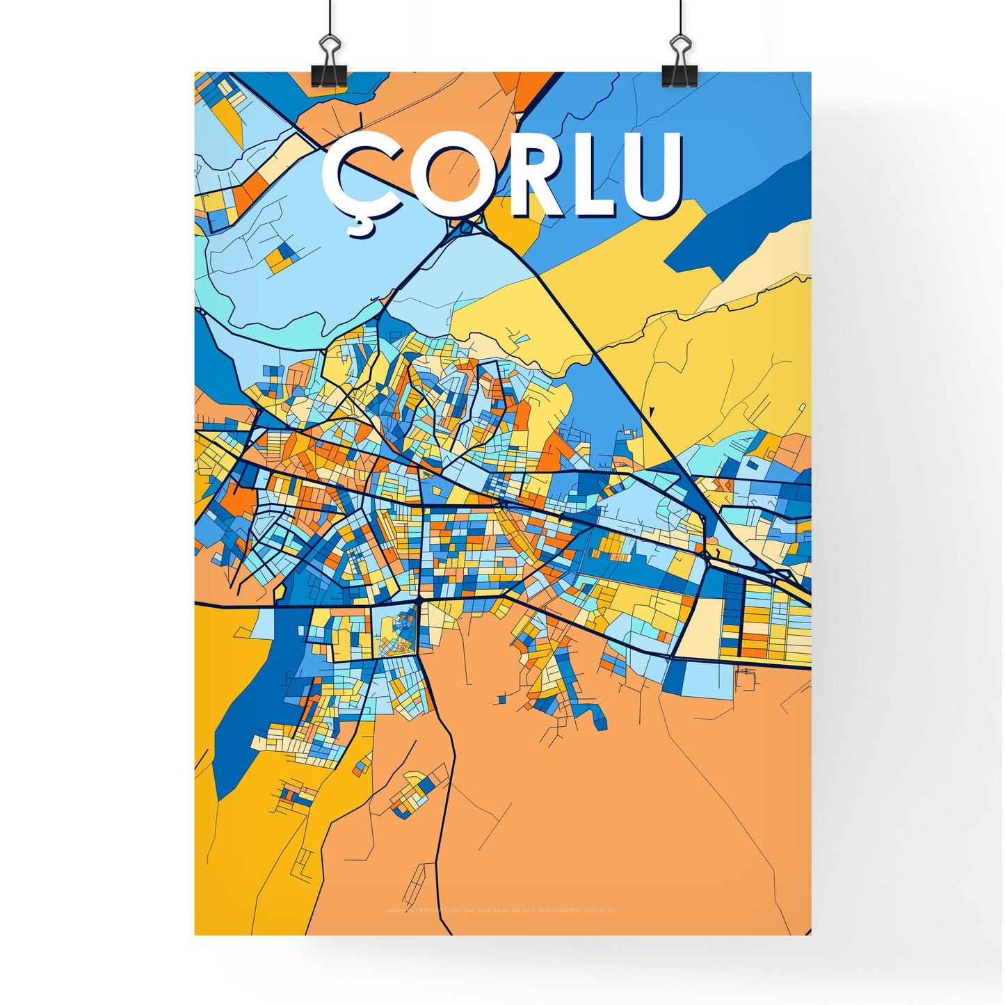 ÇORLU TURKEY Vibrant Colorful Art Map Poster Blue Orange