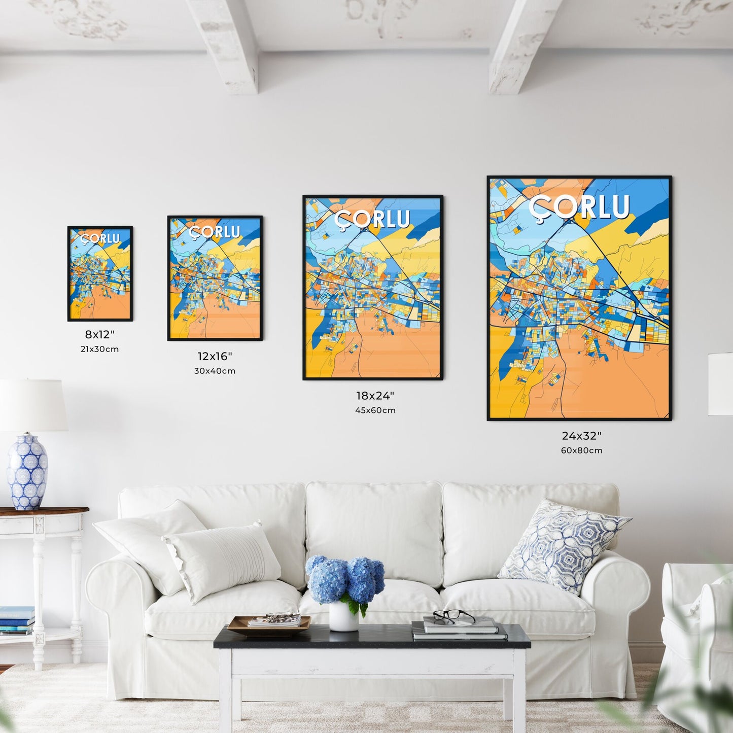 ÇORLU TURKEY Vibrant Colorful Art Map Poster Blue Orange