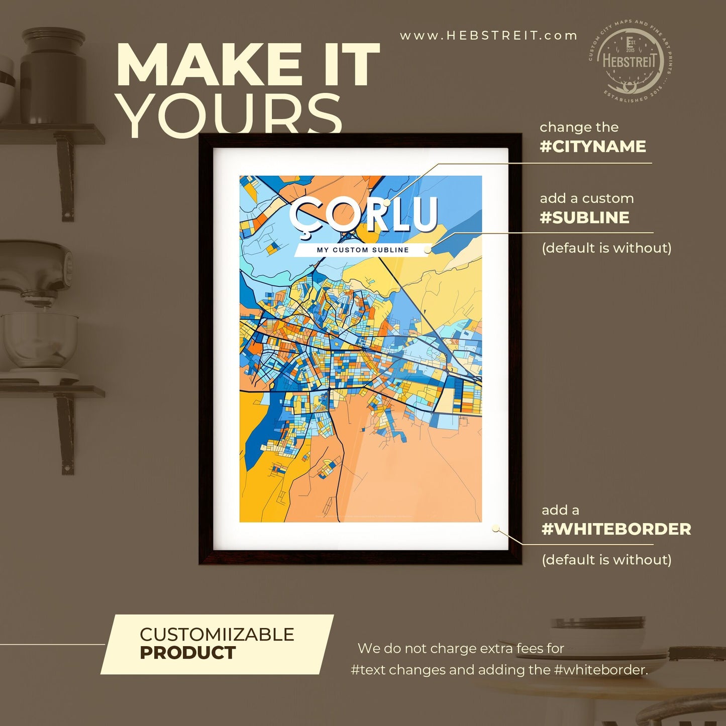 ÇORLU TURKEY Vibrant Colorful Art Map Poster Blue Orange