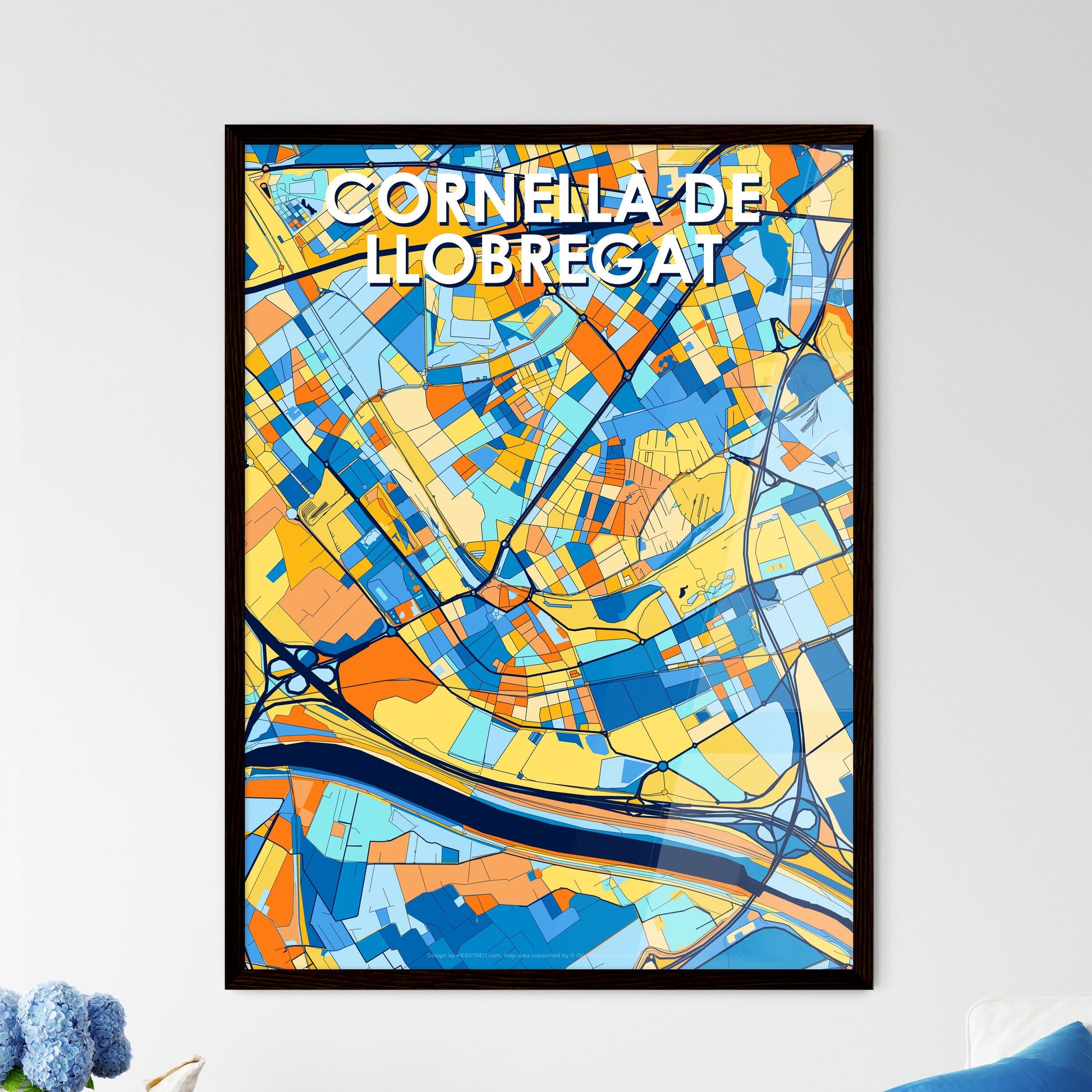 CORNELLÀ DE LLOBREGAT SPAIN Vibrant Colorful Art Map Poster Blue Orange