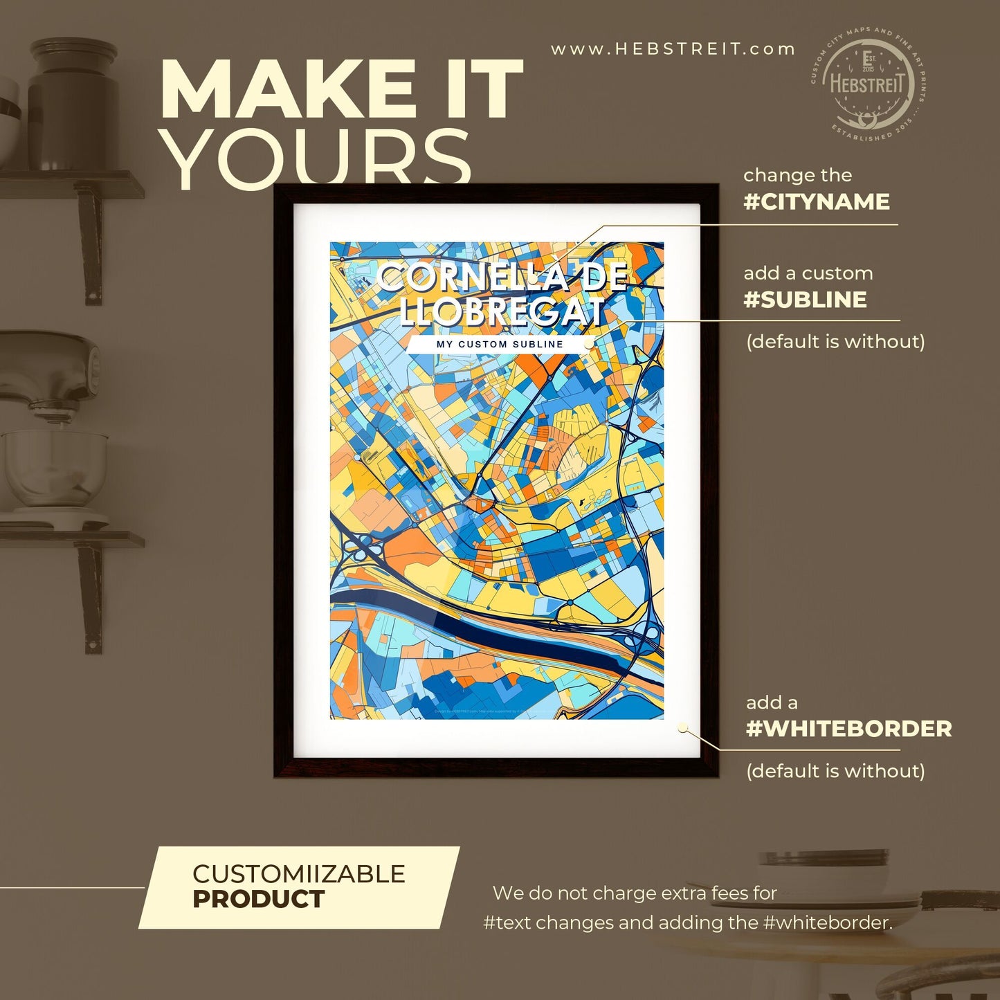 CORNELLÀ DE LLOBREGAT SPAIN Vibrant Colorful Art Map Poster Blue Orange