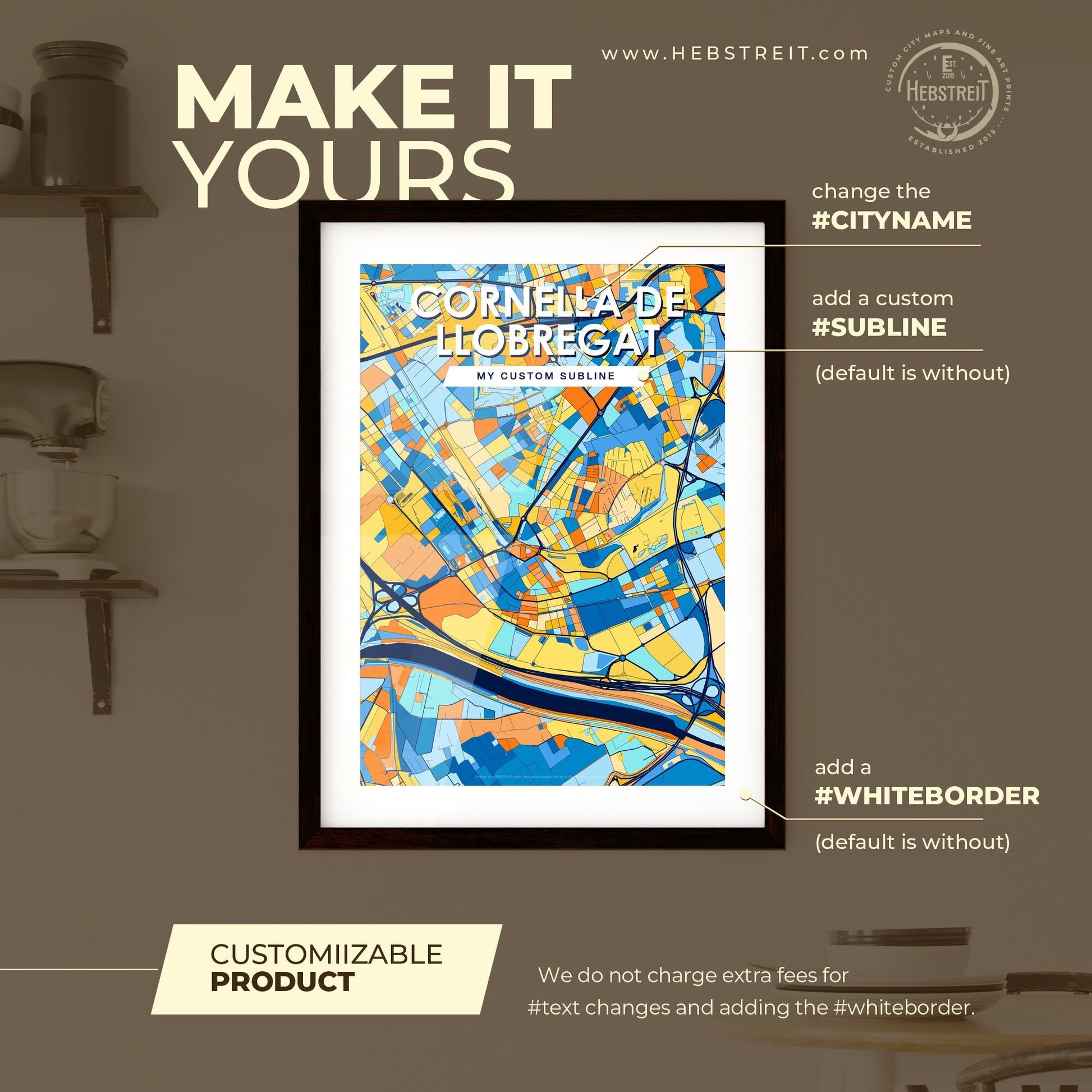 CORNELLÀ DE LLOBREGAT SPAIN Vibrant Colorful Art Map Poster Blue Orange