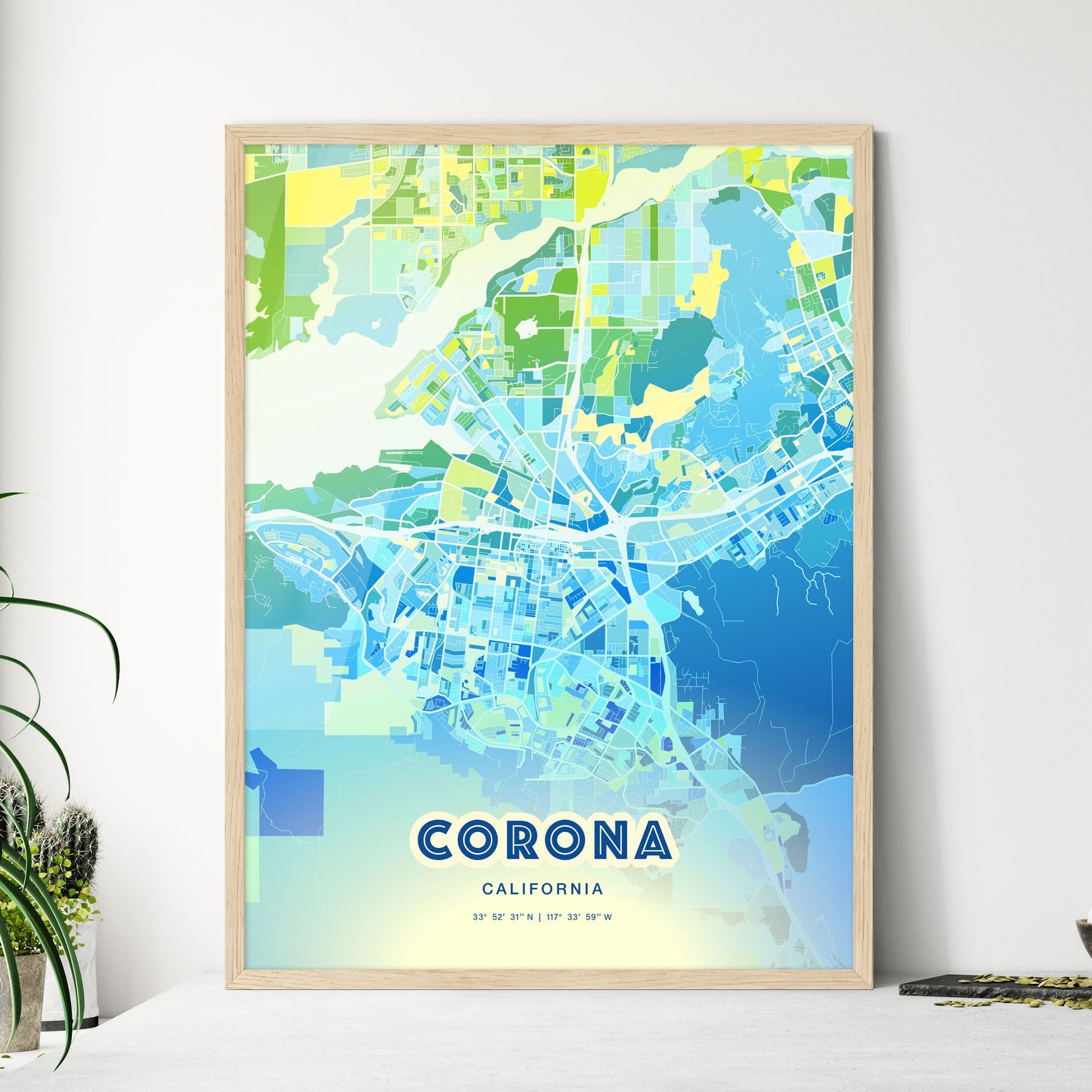Colorful Corona California Fine Art Map Cool Blue