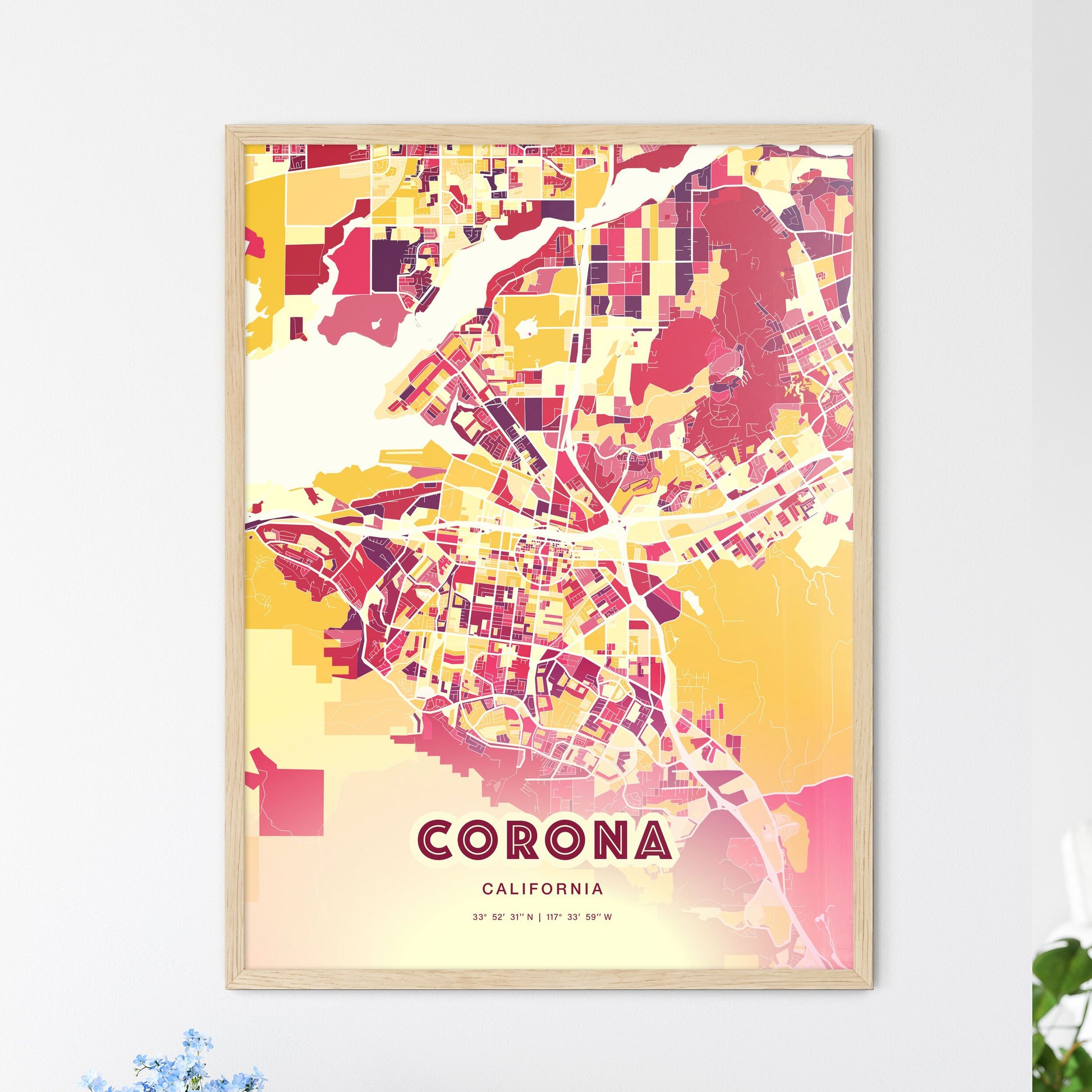 Colorful Corona California Fine Art Map Hot Red