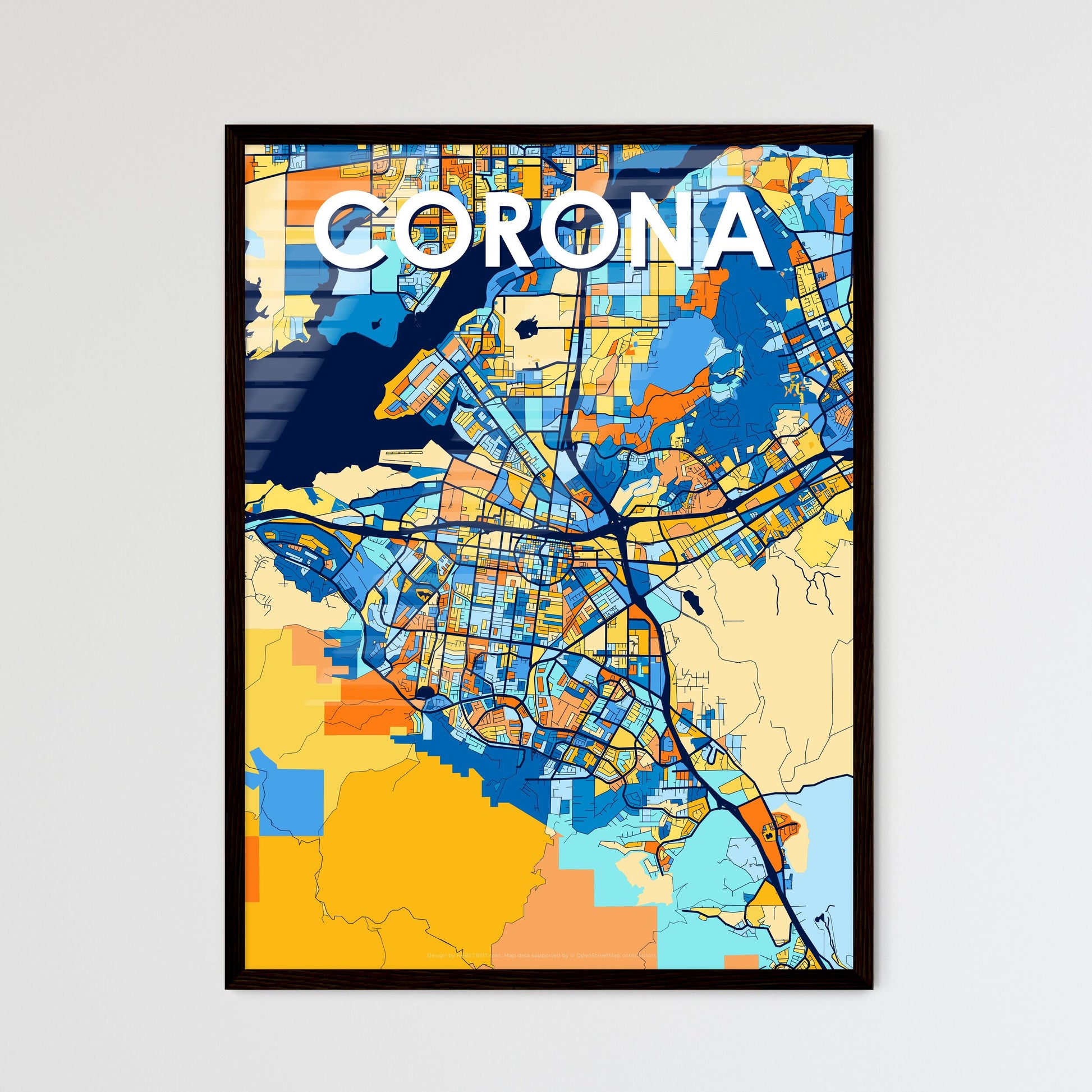 CORONA CALIFORNIA Vibrant Colorful Art Map Poster Blue Orange