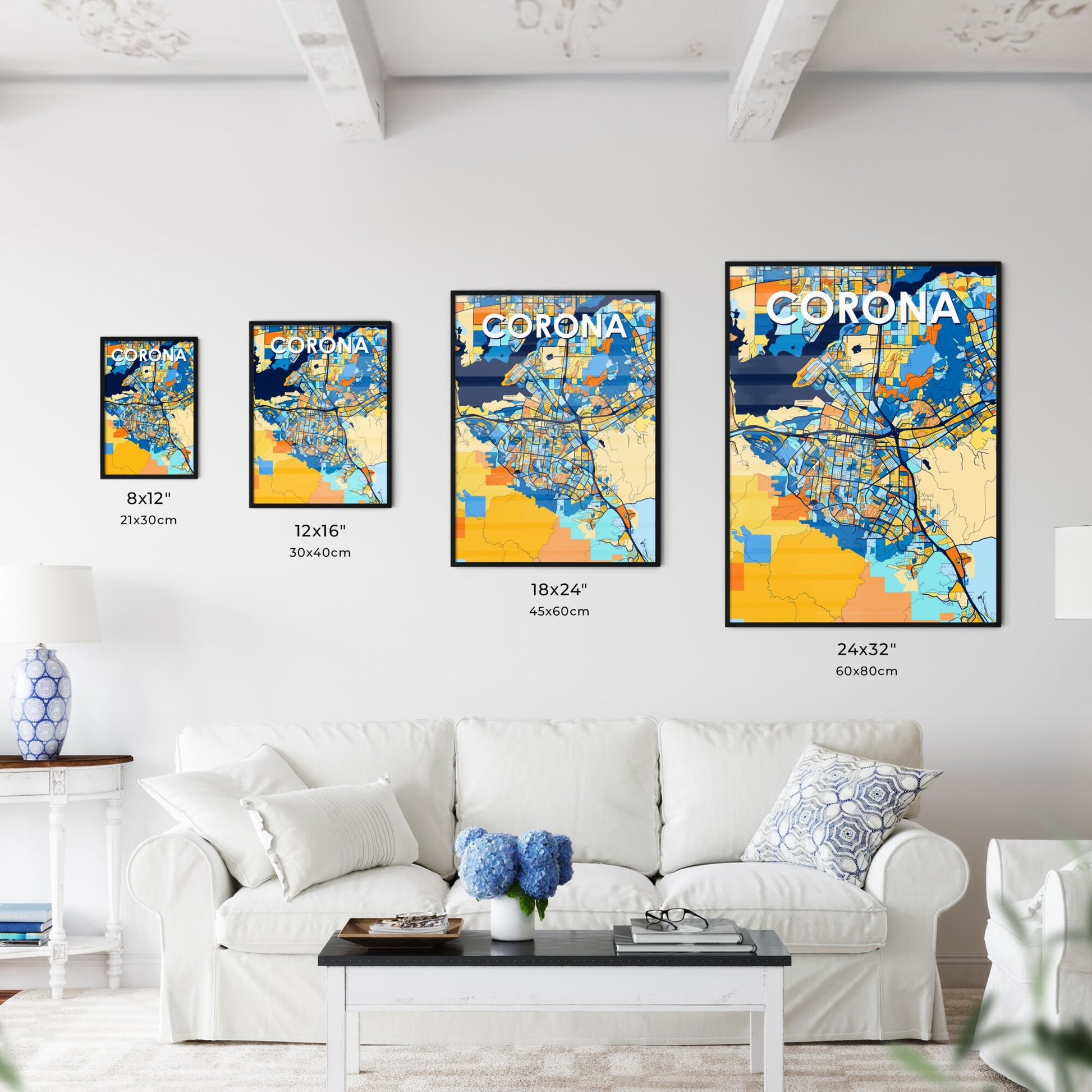 CORONA CALIFORNIA Vibrant Colorful Art Map Poster Blue Orange