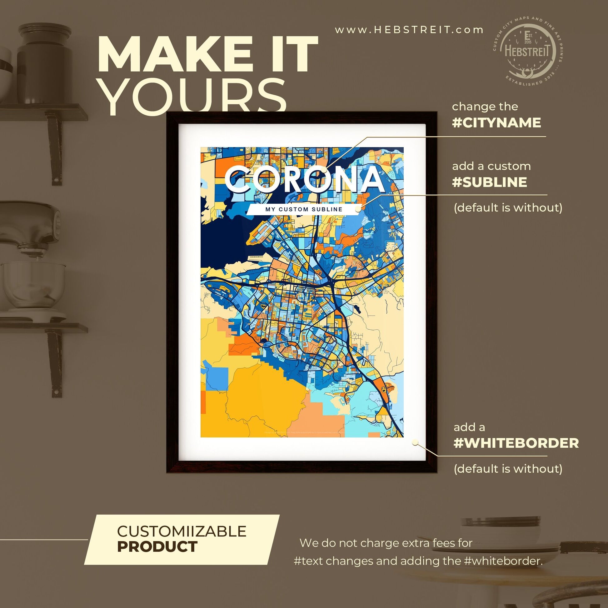 CORONA CALIFORNIA Vibrant Colorful Art Map Poster Blue Orange