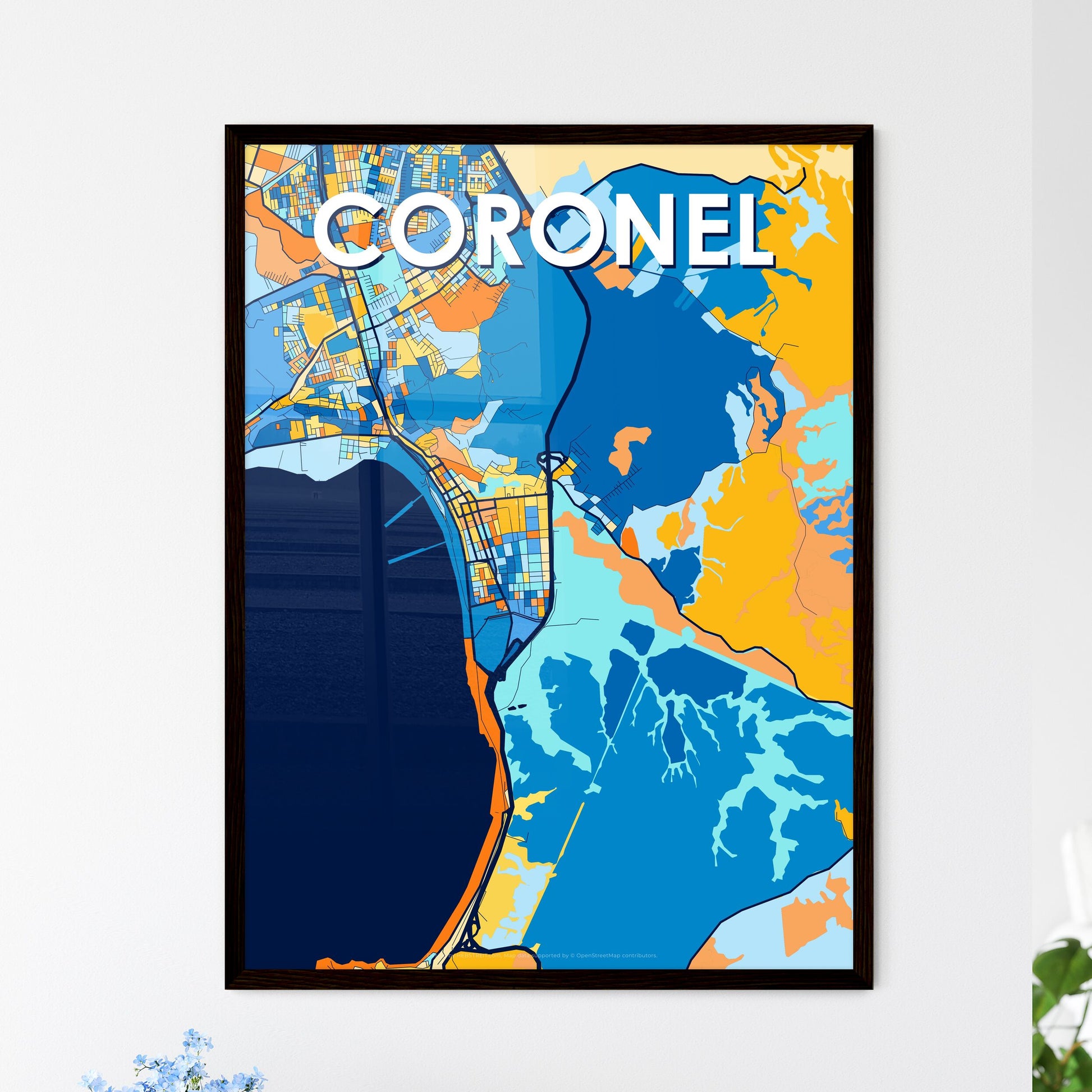 CORONEL CHILE Vibrant Colorful Art Map Poster Blue Orange
