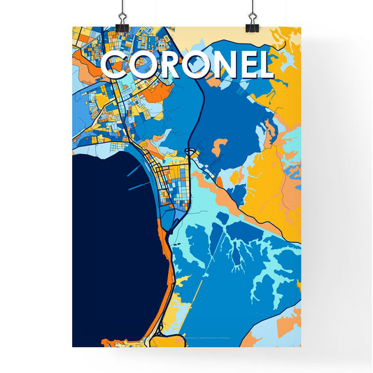 CORONEL CHILE Vibrant Colorful Art Map Poster Blue Orange