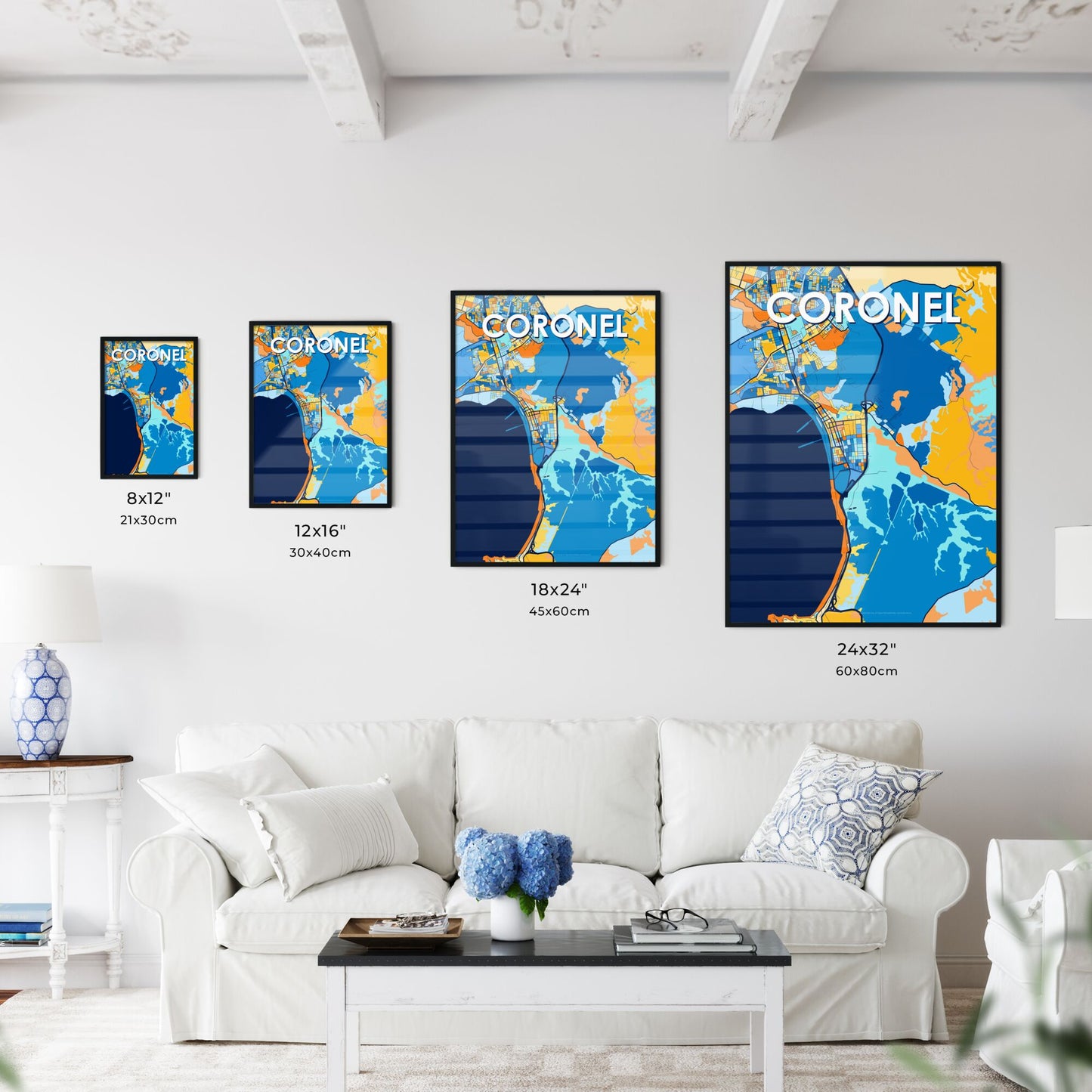 CORONEL CHILE Vibrant Colorful Art Map Poster Blue Orange