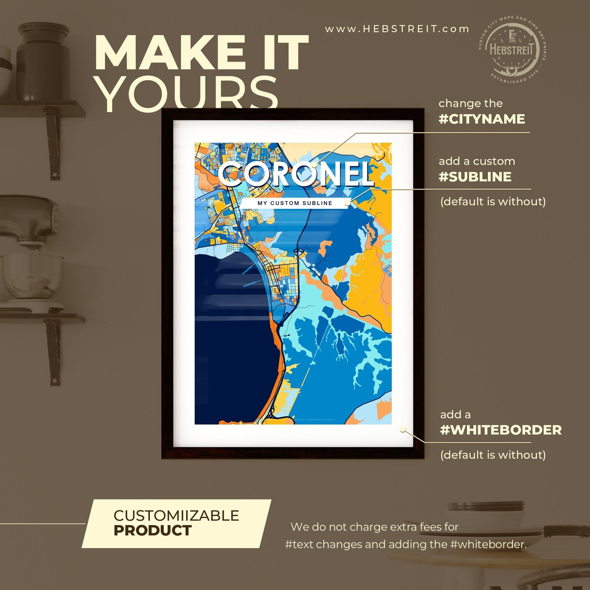 CORONEL CHILE Vibrant Colorful Art Map Poster Blue Orange