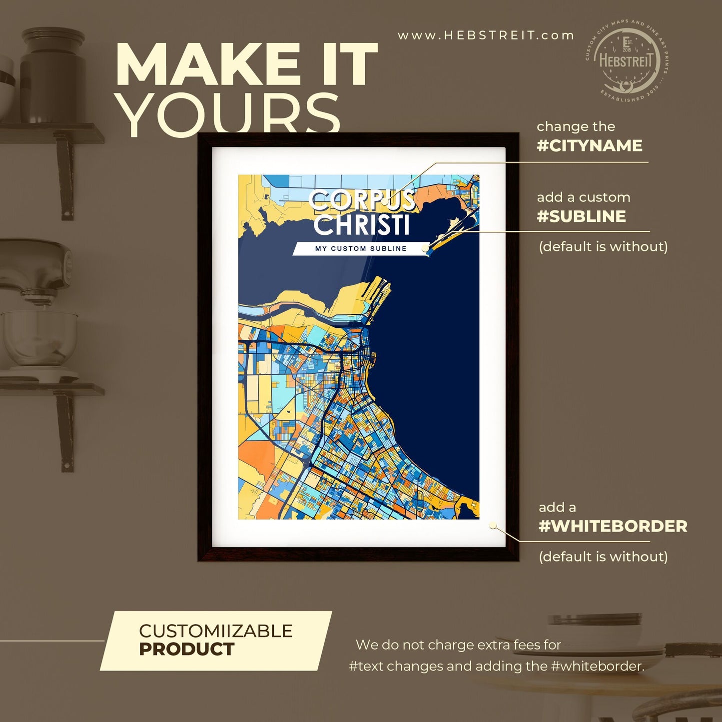 CORPUS CHRISTI TEXAS Vibrant Colorful Art Map Poster Blue Orange