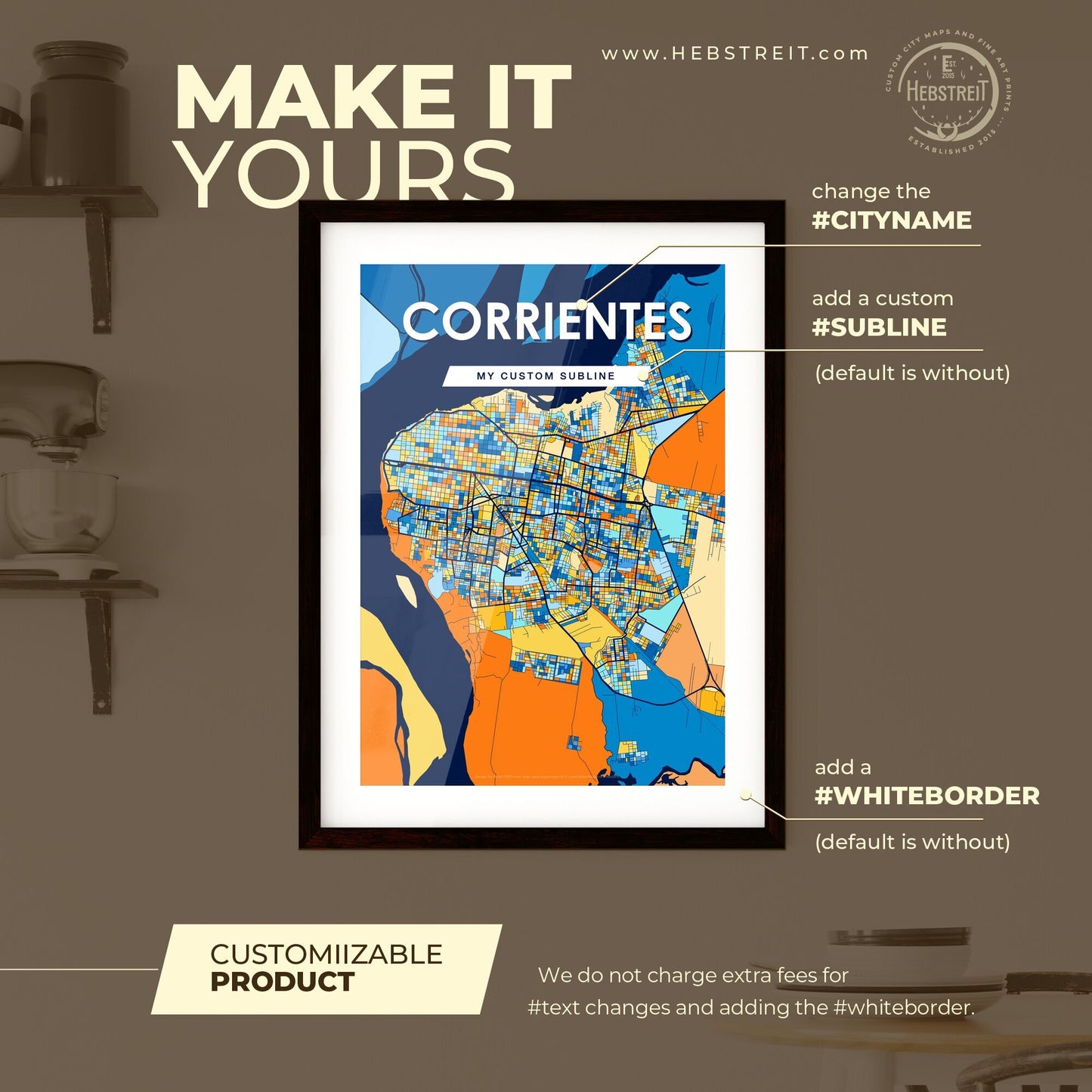 CORRIENTES ARGENTINA Vibrant Colorful Art Map Poster Blue Orange