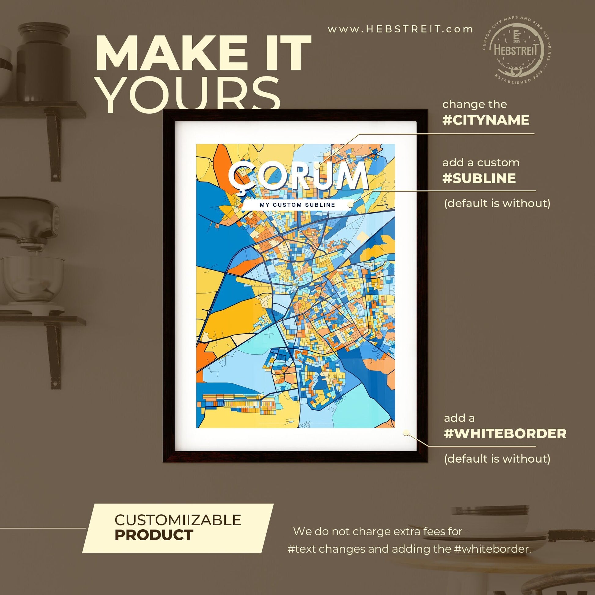 ÇORUM TURKEY Vibrant Colorful Art Map Poster Blue Orange