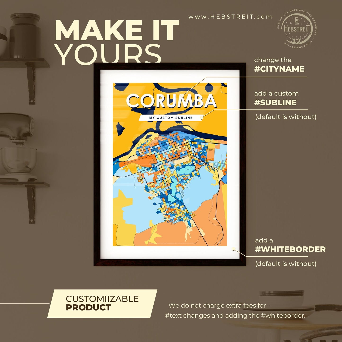 CORUMBA BRAZIL Vibrant Colorful Art Map Poster Blue Orange