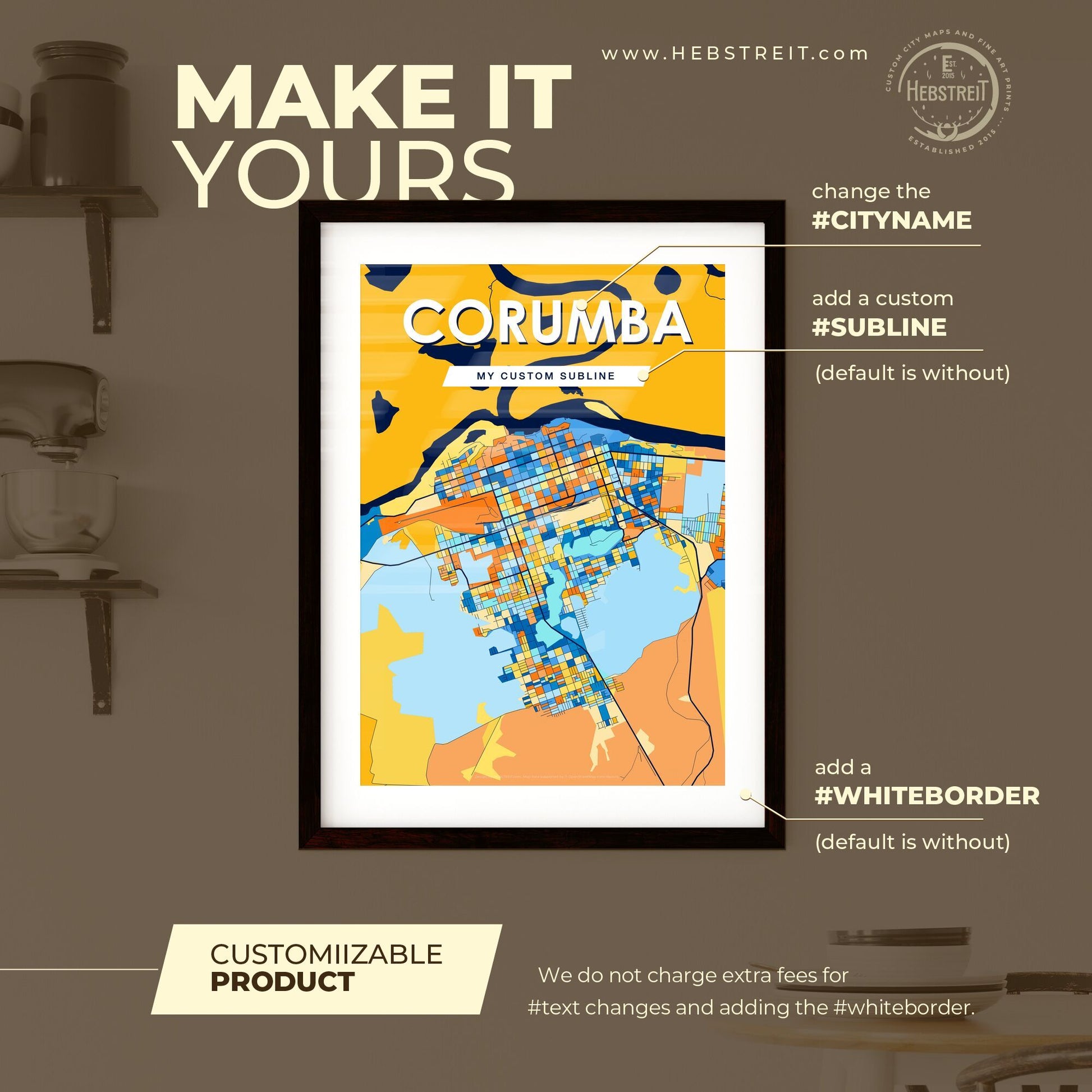 CORUMBA BRAZIL Vibrant Colorful Art Map Poster Blue Orange