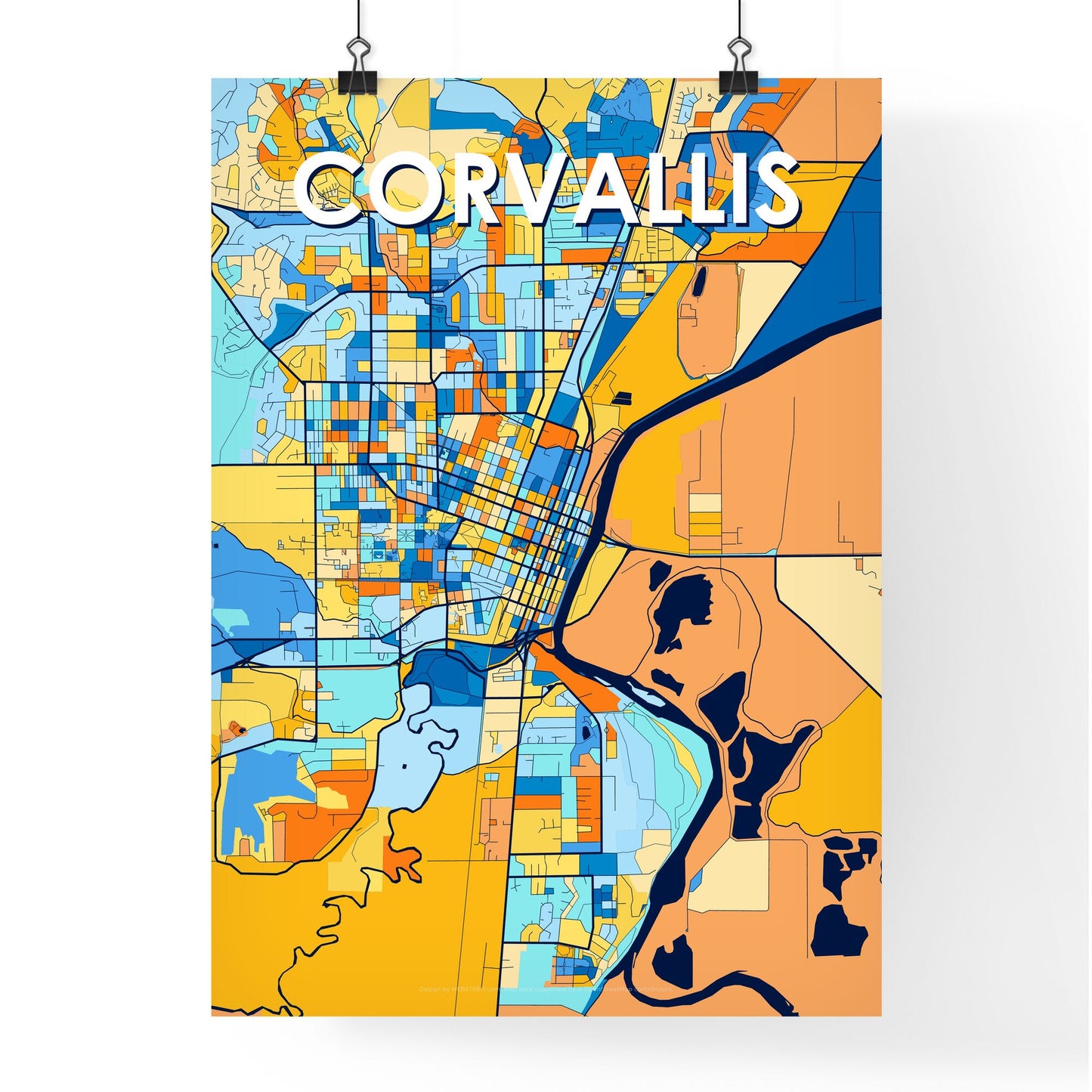 CORVALLIS OREGON Vibrant Colorful Art Map Poster Blue Orange