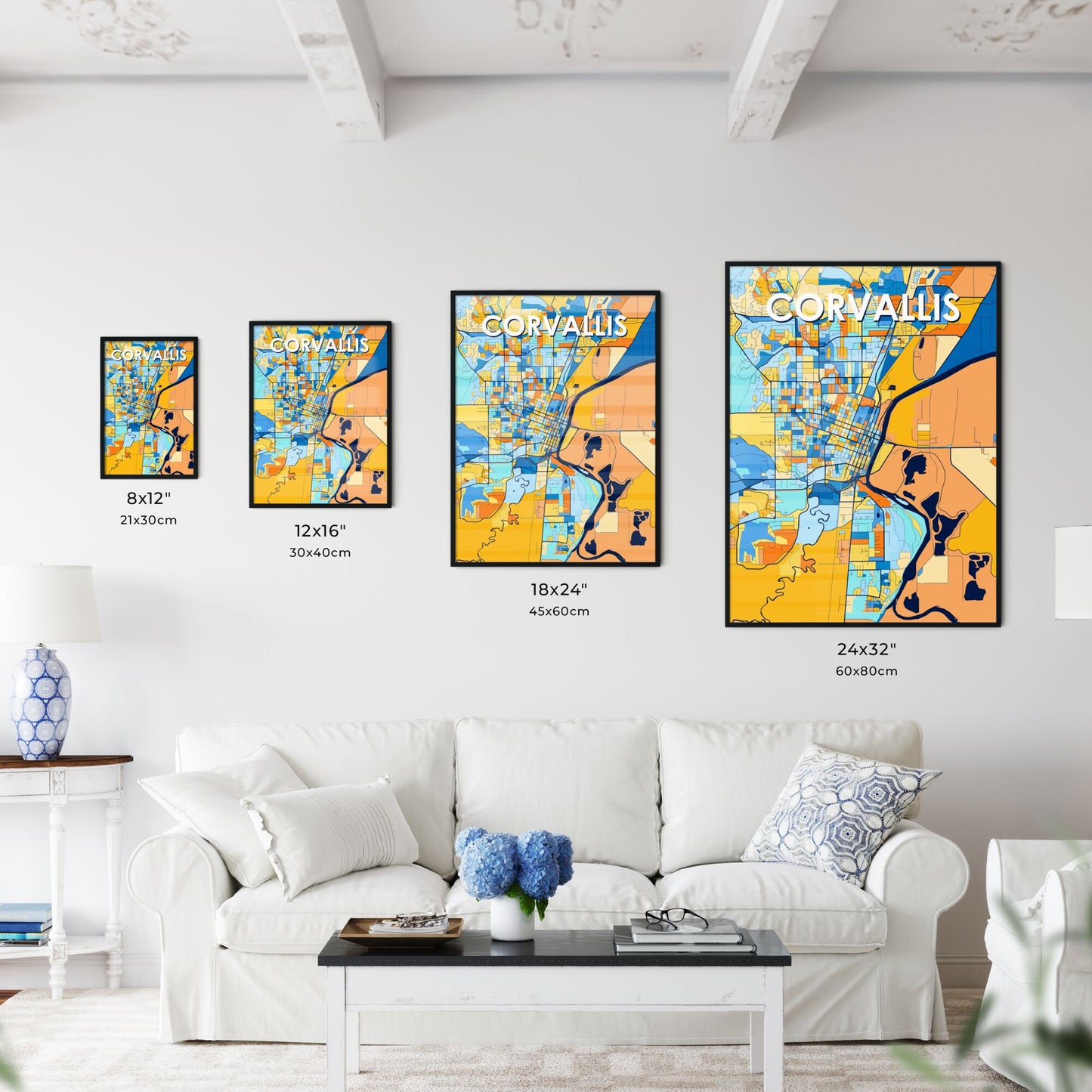 CORVALLIS OREGON Vibrant Colorful Art Map Poster Blue Orange