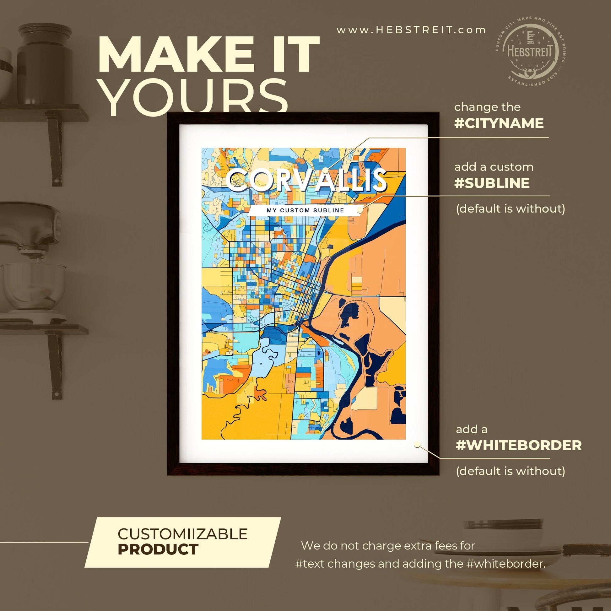 CORVALLIS OREGON Vibrant Colorful Art Map Poster Blue Orange