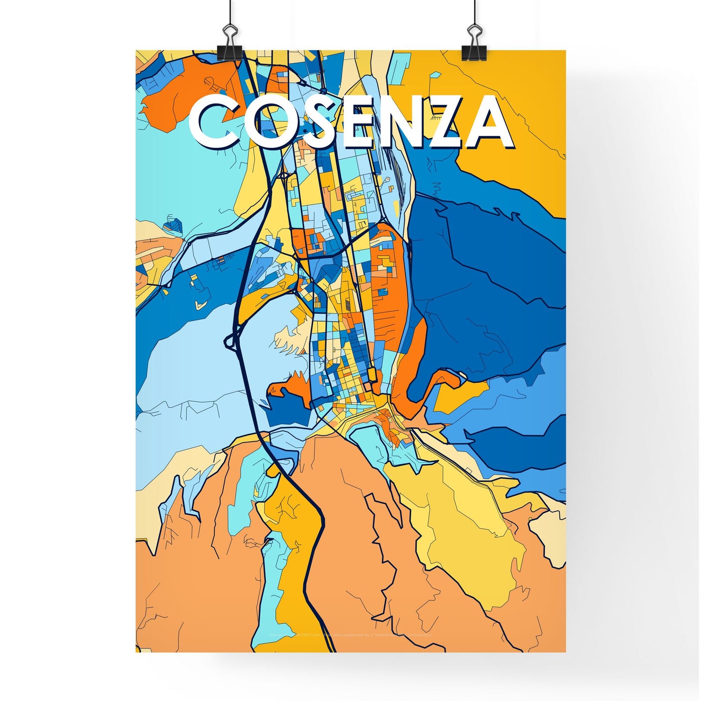 COSENZA ITALY Vibrant Colorful Art Map Poster Blue Orange