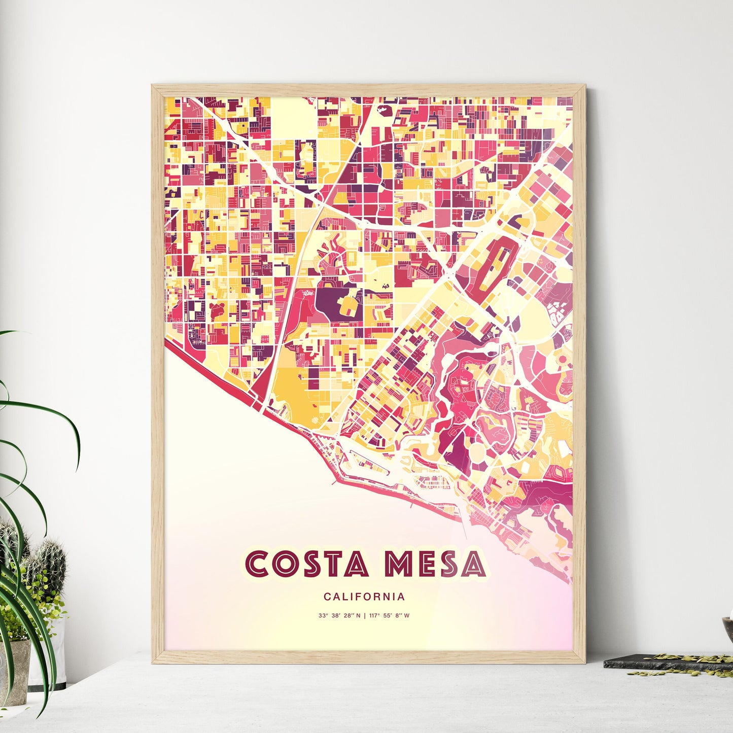 Colorful Costa Mesa California Fine Art Map Hot Red