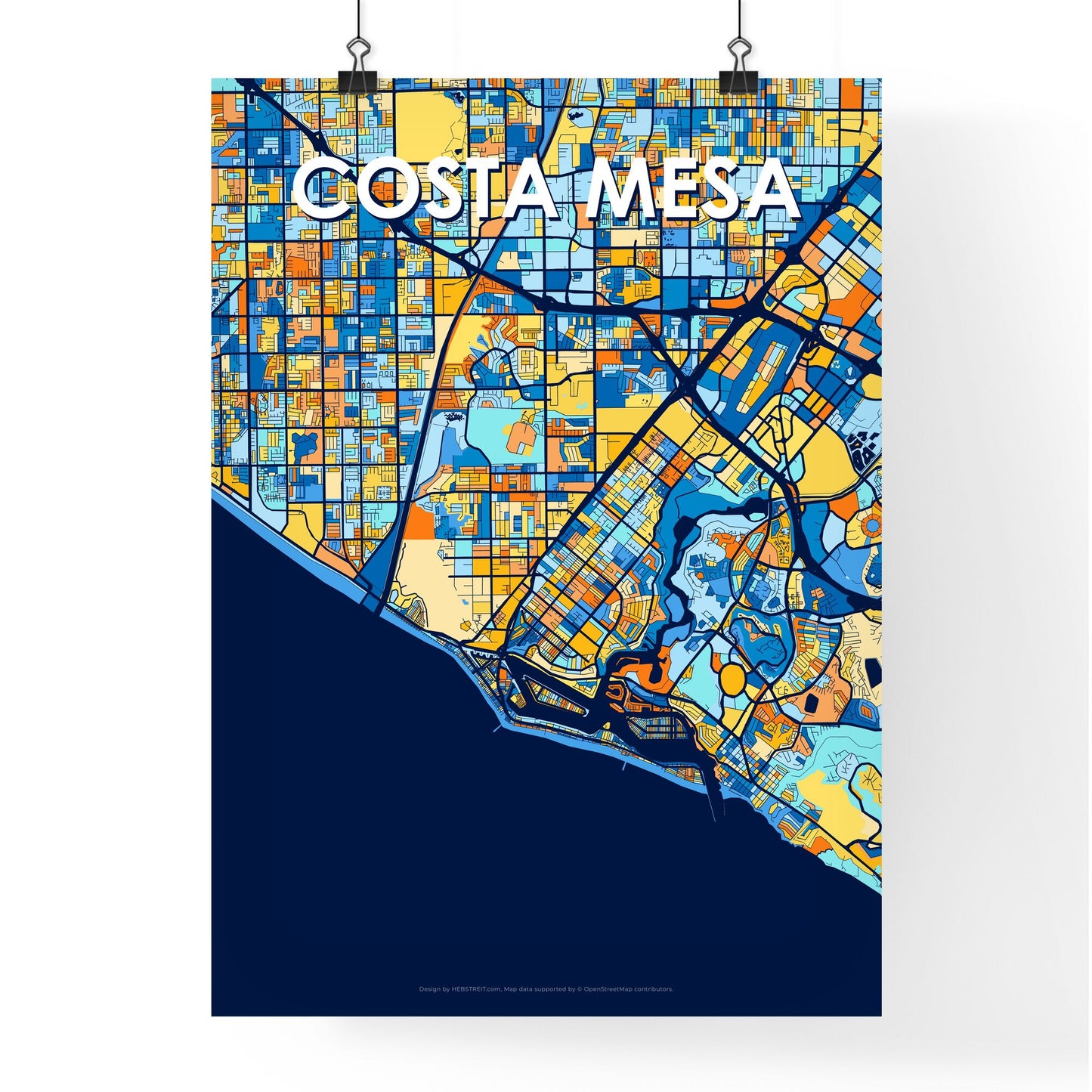 COSTA MESA CALIFORNIA Vibrant Colorful Art Map Poster Blue Orange