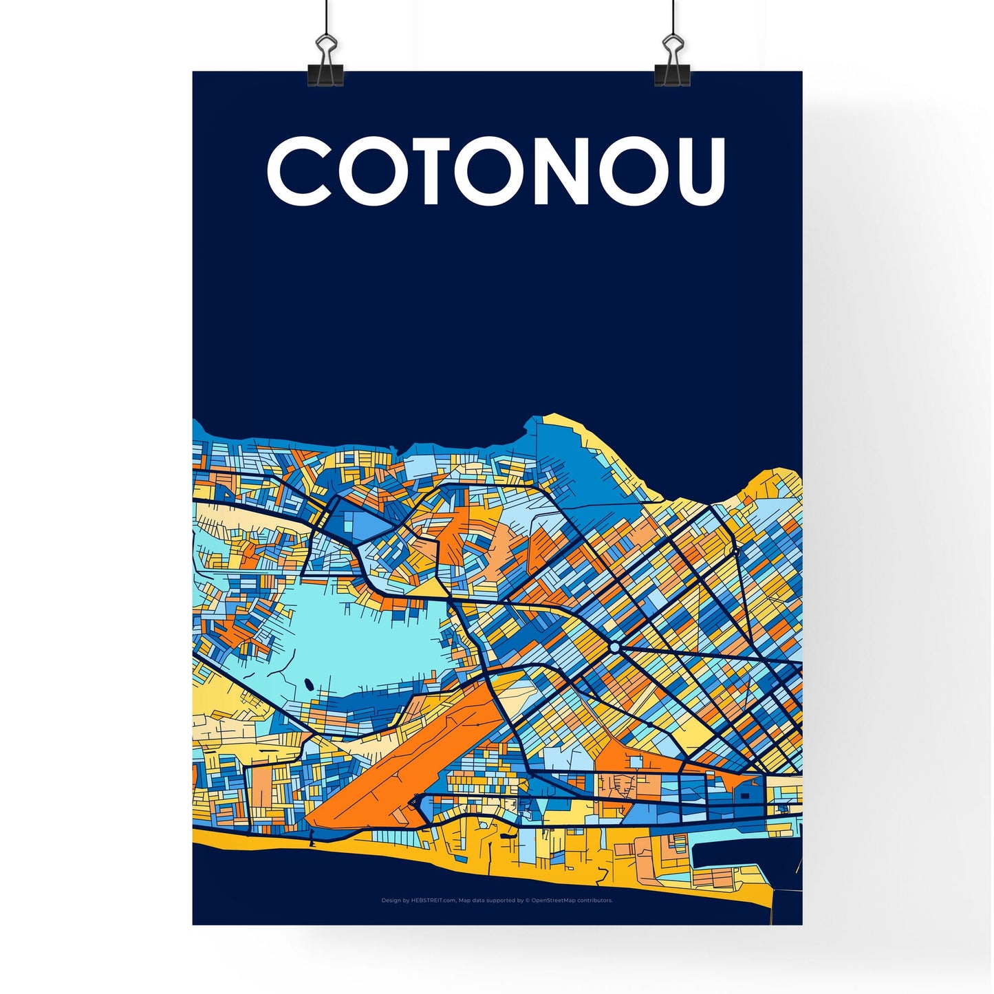 COTONOU BENIN Vibrant Colorful Art Map Poster Blue Orange