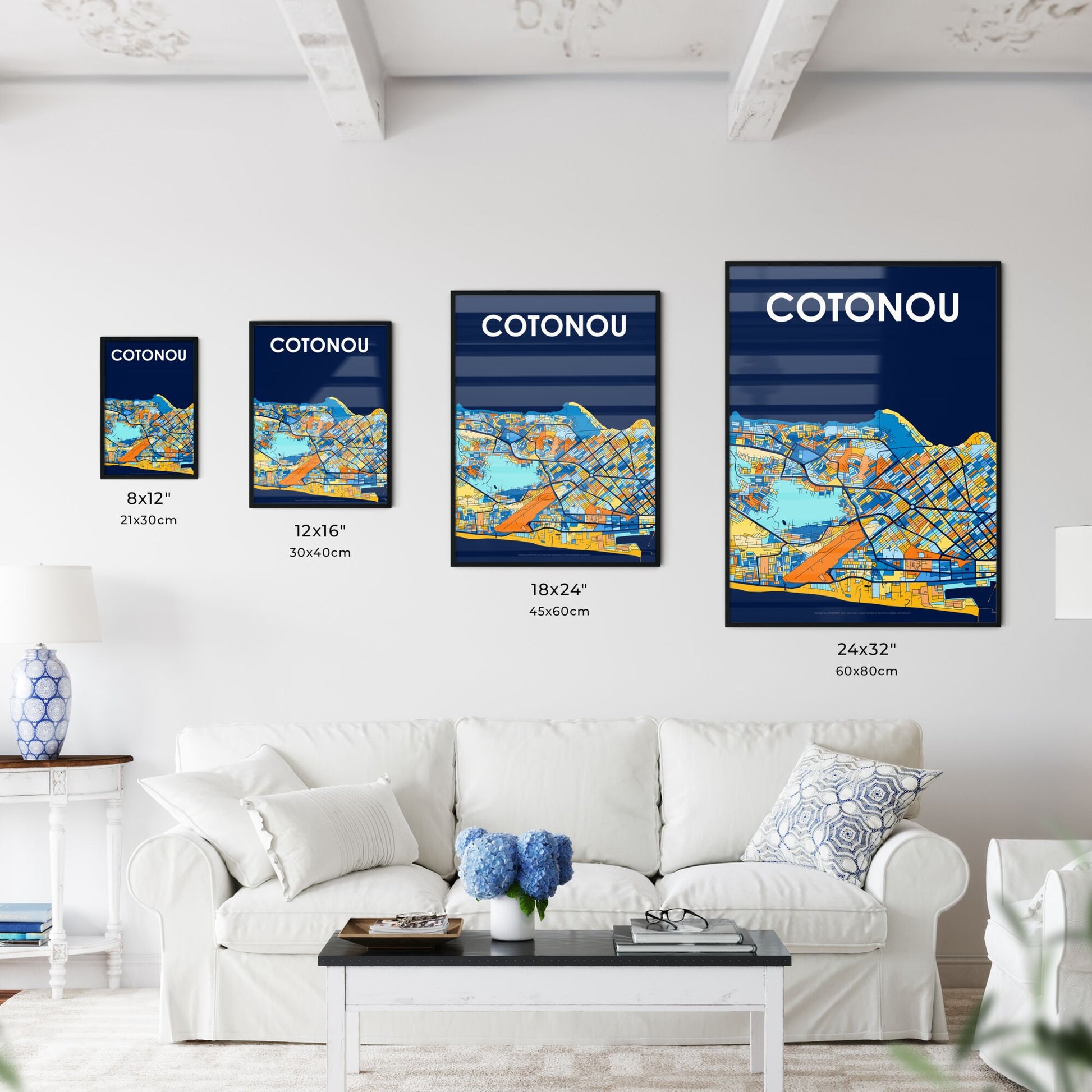 COTONOU BENIN Vibrant Colorful Art Map Poster Blue Orange