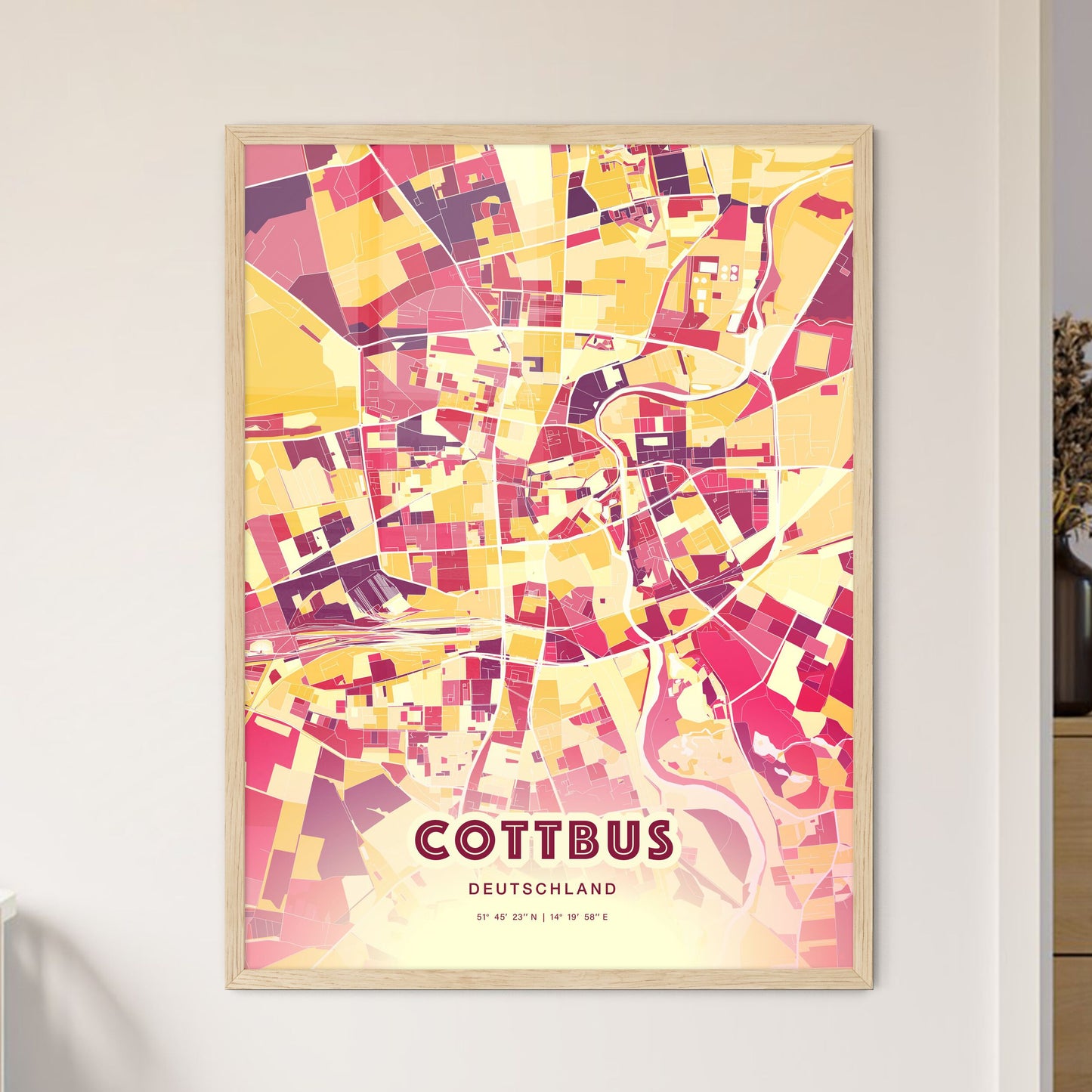 Colorful Cottbus Germany Fine Art Map Hot Red