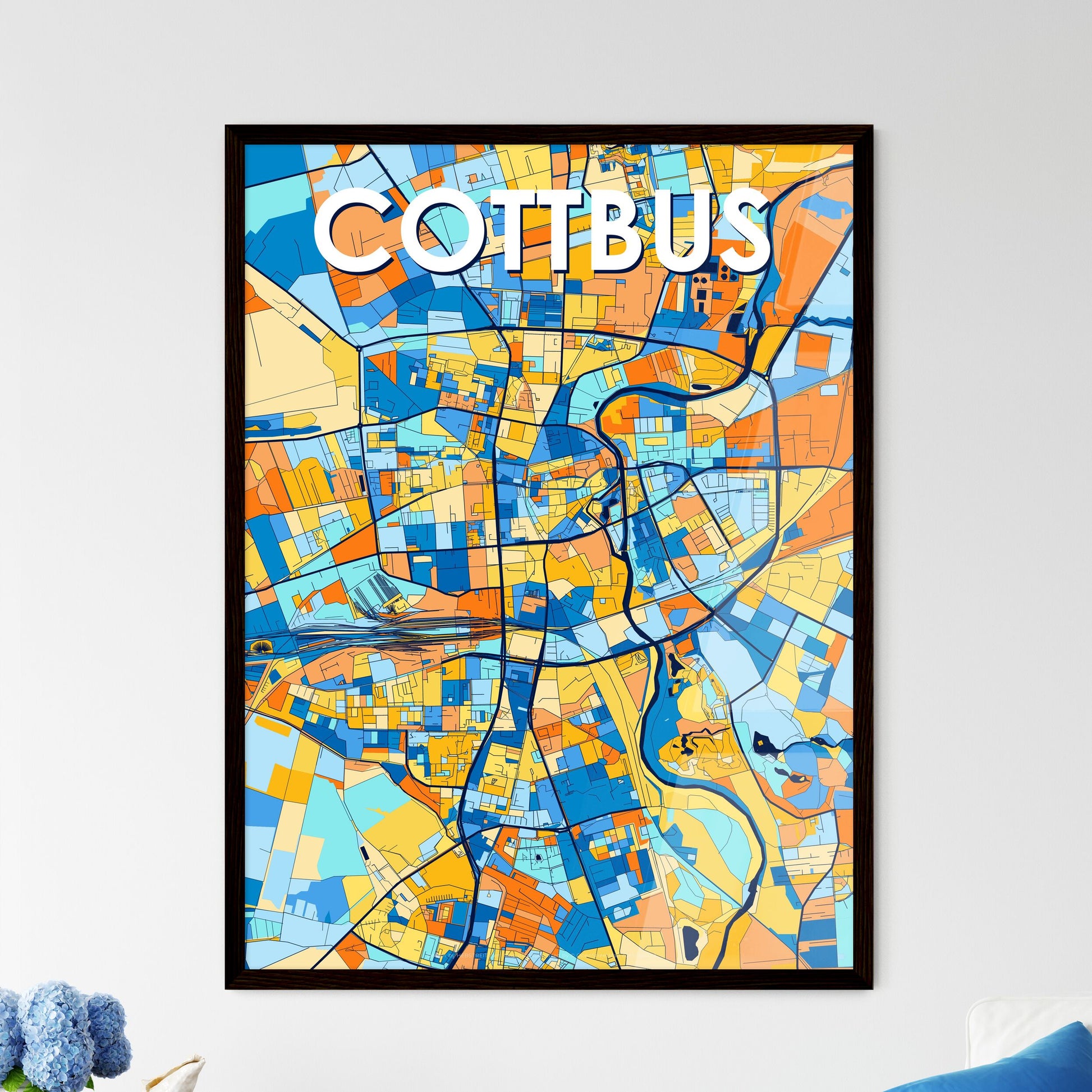 COTTBUS GERMANY Vibrant Colorful Art Map Poster Blue Orange