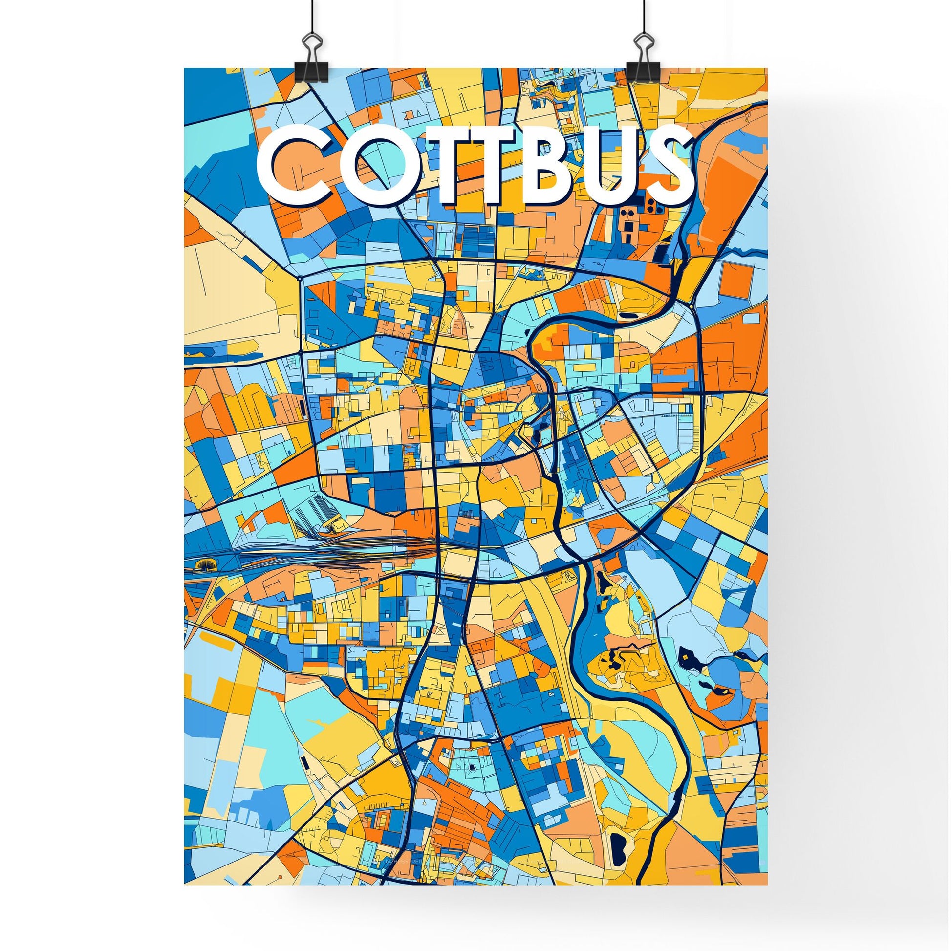 COTTBUS GERMANY Vibrant Colorful Art Map Poster Blue Orange