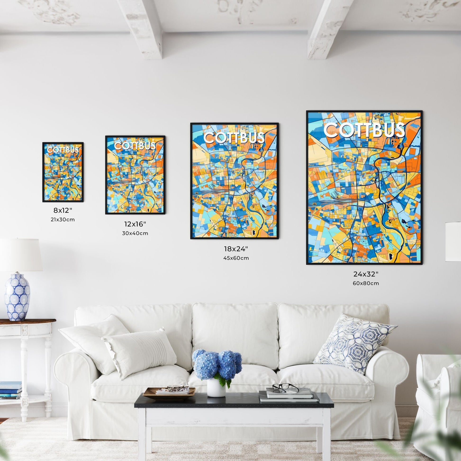 COTTBUS GERMANY Vibrant Colorful Art Map Poster Blue Orange