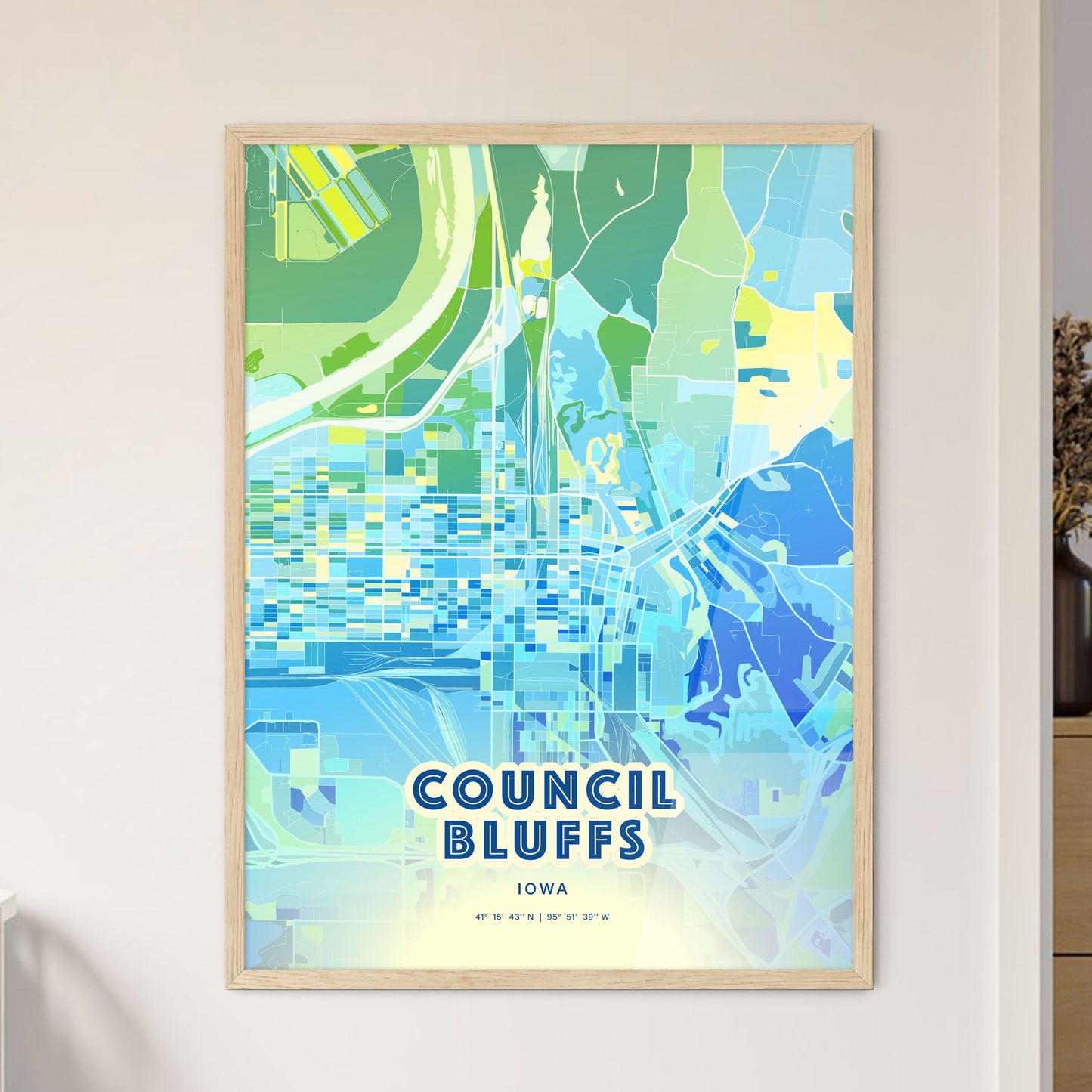 Colorful Council Bluffs Iowa Fine Art Map Cool Blue